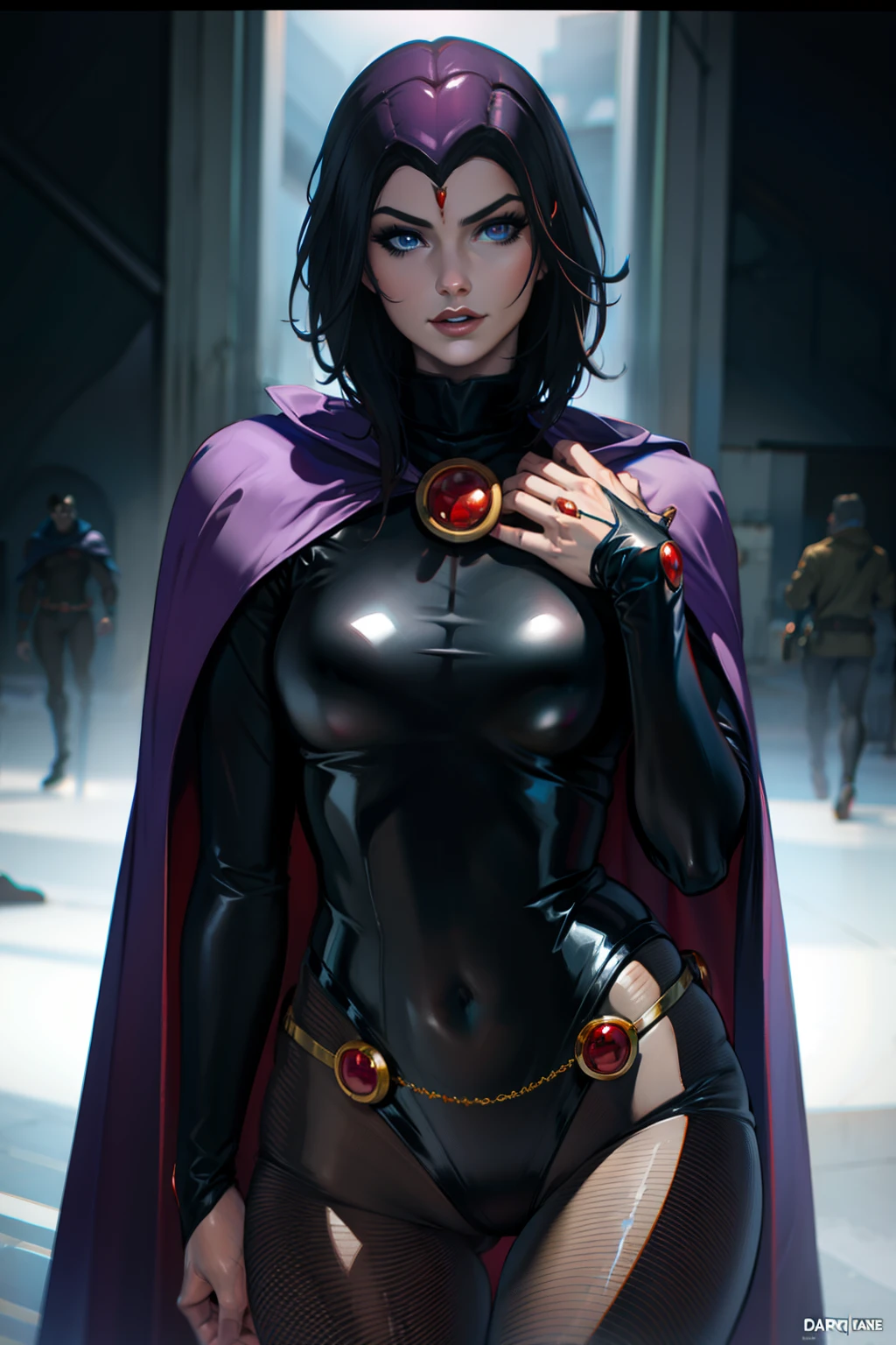 1woman, beautiful woman, sexy woman, RV cowboy shot, hotraven, pale skinned, black leotard, turtleneck, knee tights, cape, glowing eyes, belt, jewelry, medallion, athletic, looking at viewer, night, dark forest , mistborn, mistborn, volumeric lighting, best quality, masterpiece, intricate details, tonemapping, sharp focus, hyper detailed, trending in artstation, realistic