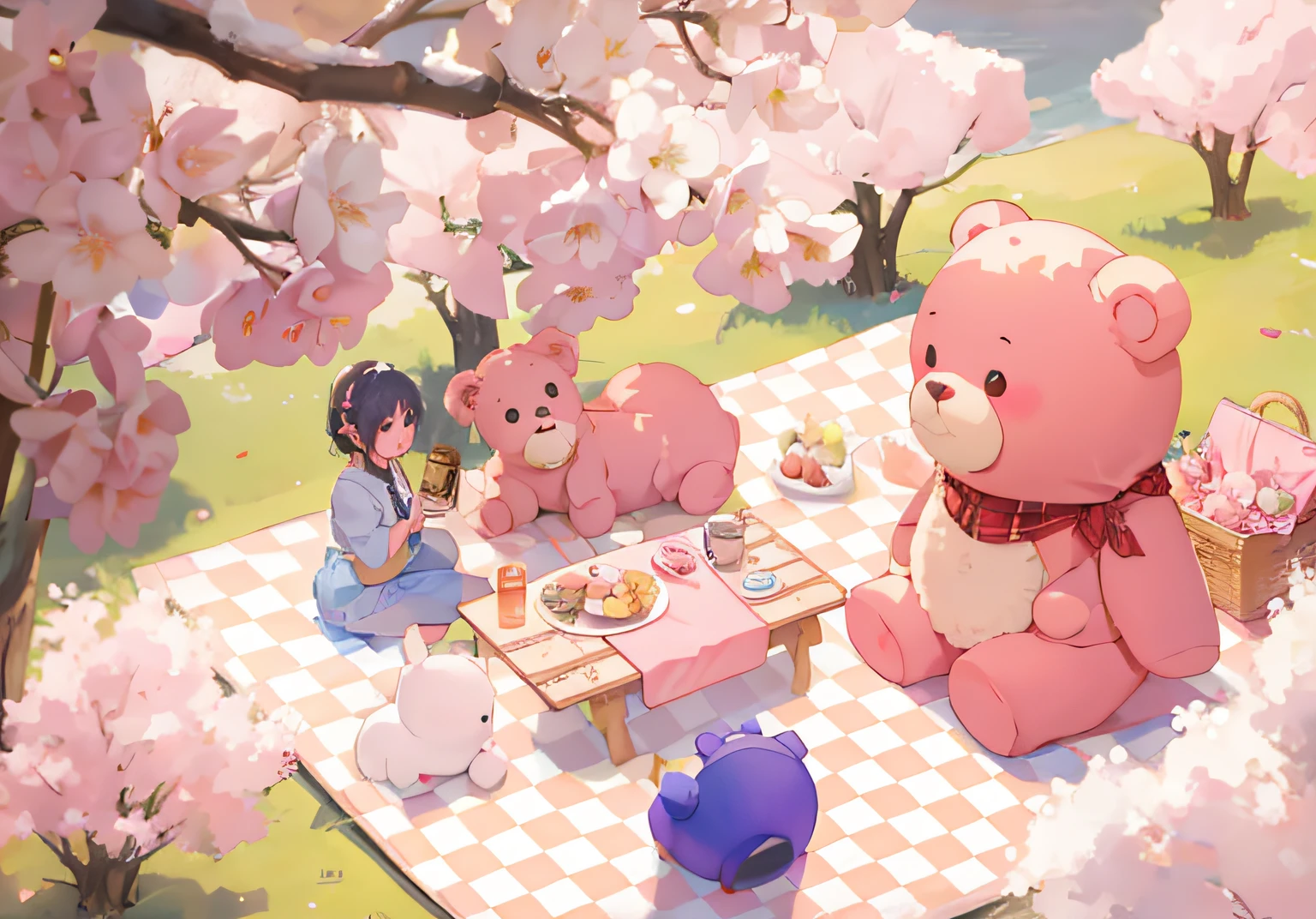In the Park, Two teddy bears sit on a blanket, Forest Picnic, seasons!! : 🌸 ☀ 🍂 ❄, Have a picnic, official fanart, picnic, Afternoon hangout, high quality fanart, Spring Day, BAPV, wall paper!, Detailed fanart, けもの, cute art style, John Park(John Park)(John Park(John Park)), cute detailed digital art, soft anime illustration