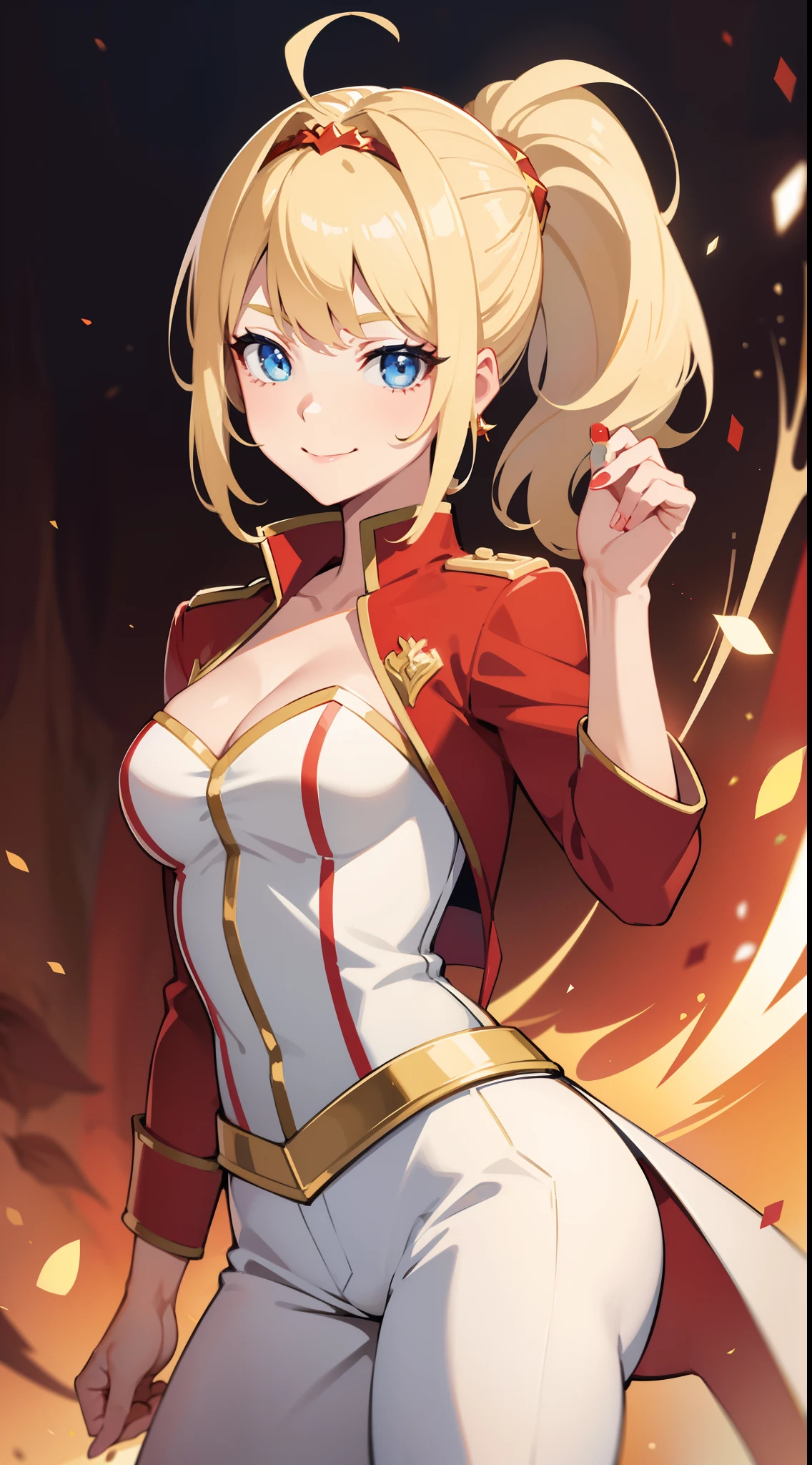 adult girl, short blonde hair, high ponytail, blue eyes, Smile, red jacket, white pants, diadem, Gold Elements, She-ra, Masterpiece, hiquality, 4k, HD, Good detail