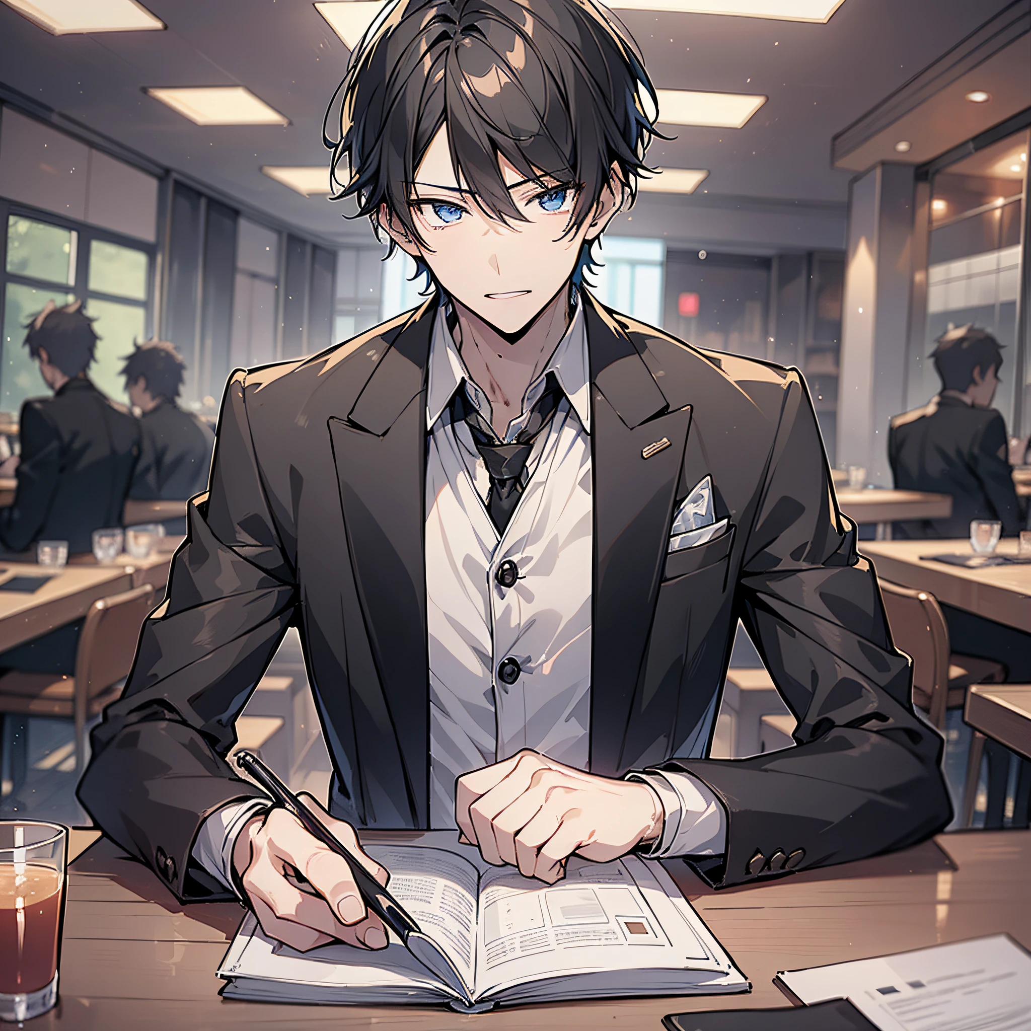 30 years old anime mature man,Short black hair 1.5,wearing black suits,Sitting at the table in a high-end café with a cold expression(Apathy 1.5)(Open mouth 1.5)(Background in premium café:1.5),Anime style 4K,Anime rendering,style of anime,8K fineness,(Upper body display:1.5)(Cinematic lighting:1.5)(Handsome anime boy 1.5)