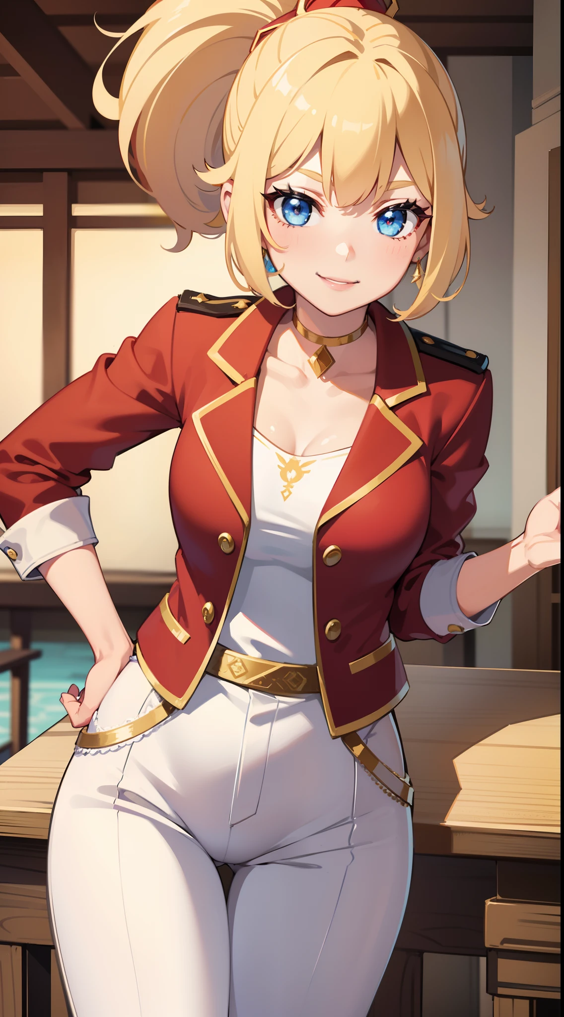adult girl, short blonde hair, high ponytail, blue eyes, Smile, red jacket, white pants, diadem, Gold Elements, She-ra, Masterpiece, hiquality, 4k, HD, Good detail