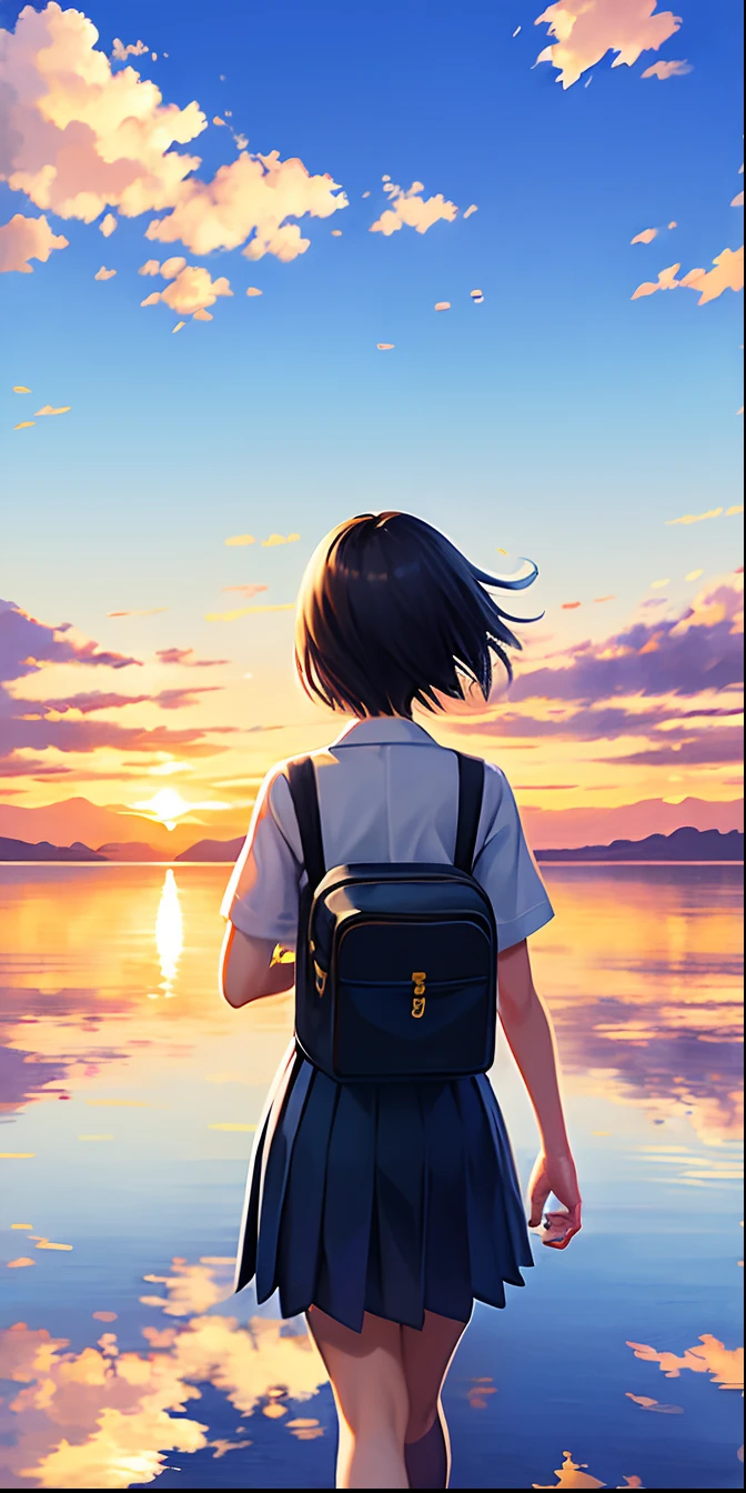 anime, a girl with school bag, school uniform, walking across a puddle of water, makoto shinkai cyril rolando, reflections. by makoto shinkai, cosmic skies. by makoto shinkai, in style of makoto shinkai, makoto shinkai!, makoto shinkai. —h 2160