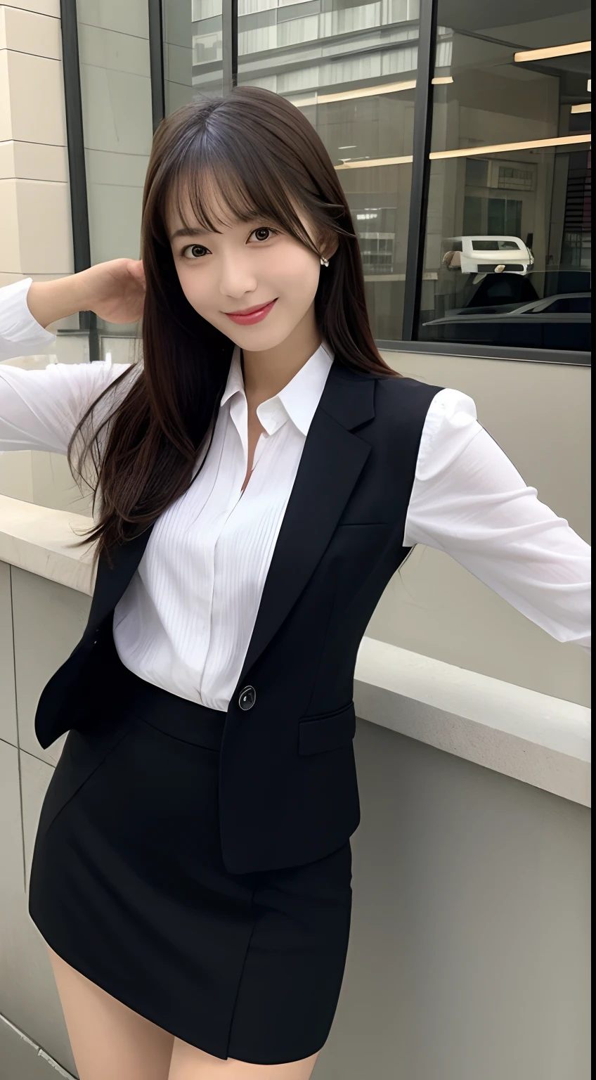 masutepiece, Best Quality, Illustration, Ultra-detailed, finely detail, hight resolution, 8K Wallpaper, Perfect dynamic composition, Beautiful detailed eyes, Office Lady Suit,Shorthair,small tits,Natural Color Lip, Bold sexy poses,Smile,Shinjuku、20 years girl、Cute、Sexy shot looking at camera、Black tight mini skirt、Black miniskirt