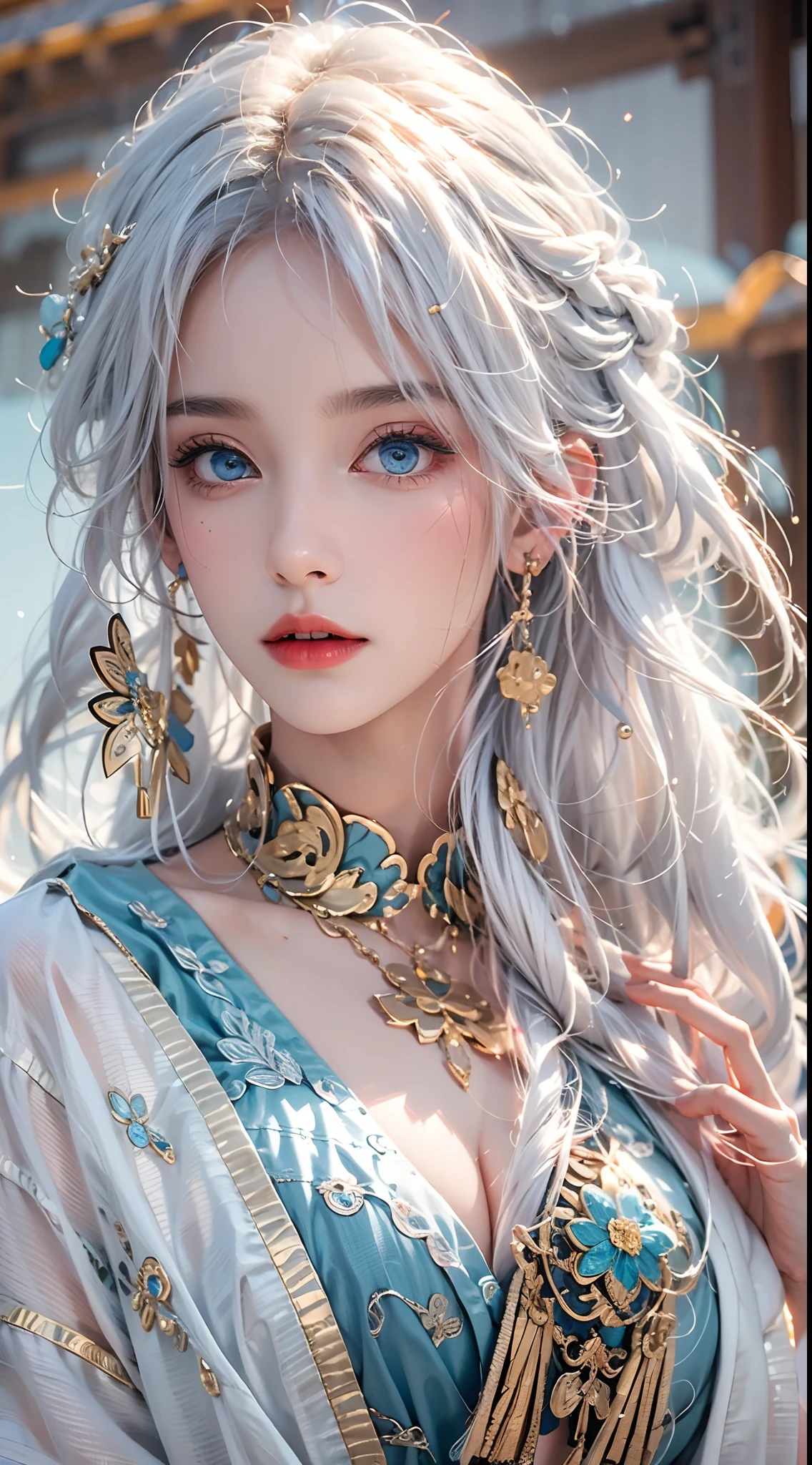 photorealistic, high resolution, soft lights, 1women, solo, hips up, look at viewer, (detailed face), blue eyes, white hair, long hair, colorful Taoist robe,oversized clothes, midjourney portrait, jewelry
