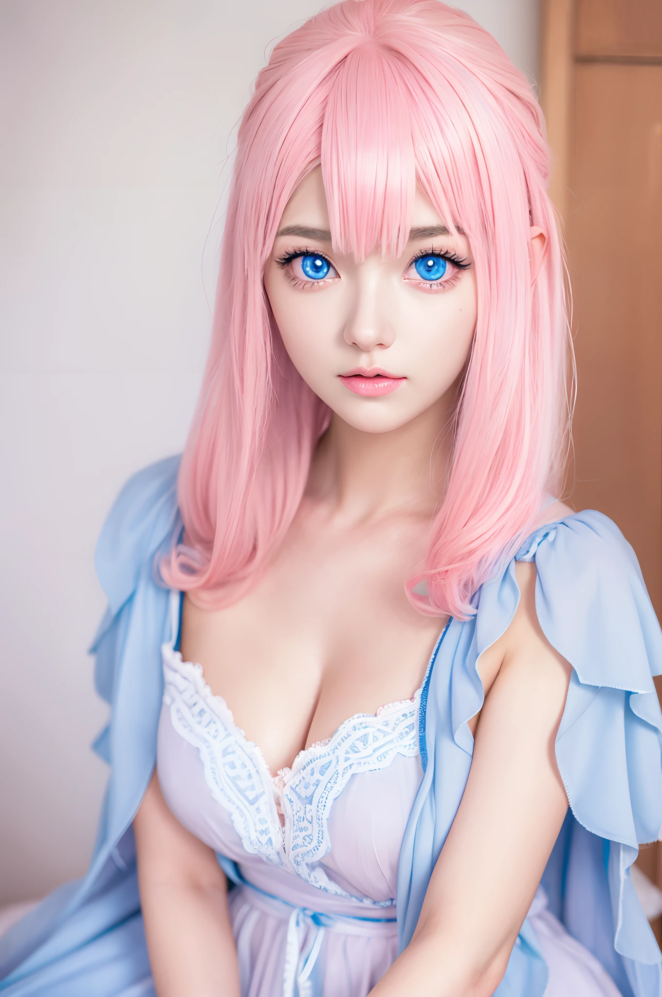 (Antique style, Girly: 1.2, Pink hair: 1.1, Blue eyes: 1.1, Big eyes)