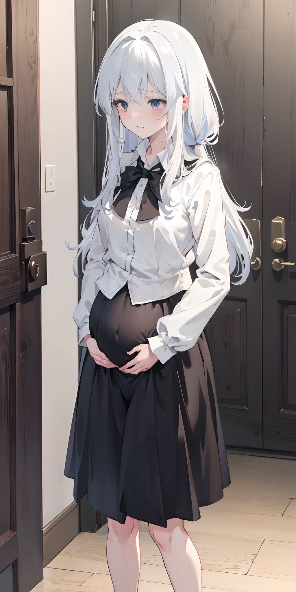 Elaina,white ash hair, anime girl, white shirt,black skirt,black cloak, pake face, sweating, heavy breath, blushing, pregnant, Pregnant belly, (best quality:1.2), ultra-detailed,realistic ,portraits, vivid colors, soft lighting, interesting PoV, kneeling down,