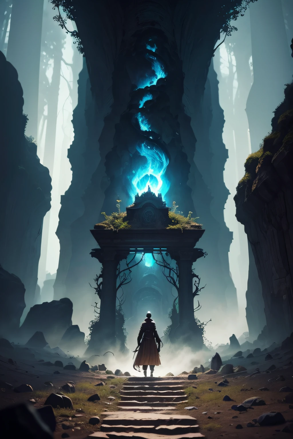 Um homem sobe as escadas em uma caverna, stairs from hell to heaven, paisagem infernal, Viaje pelo inferno, Portal para o inferno, Fora das chamas, Portal para o inferno, stairway to heaven, Portal para o inferno, Inferno surreal, Portal para o inferno, Fique no inferno, intrincado、Epic composition, amazingly epic visuals, fundo do inferno,Skelleton,Esqueleto desmorona na estrada