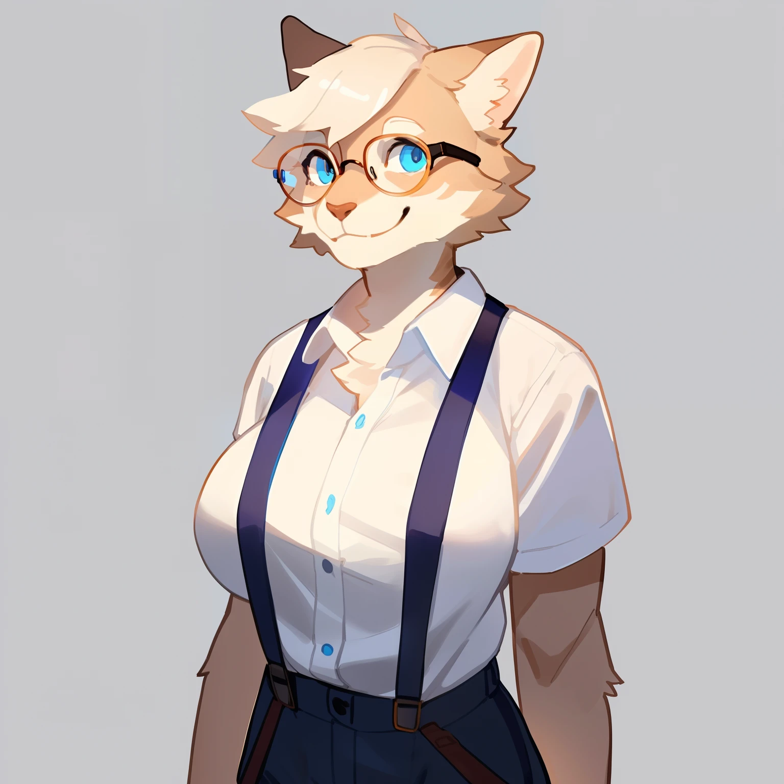 By bigcozyorca, by bebebebebe, by buta99, solo, female, (hair, snout), feline, ((glasses)), short hair, slim, short, suspenders, button-up shirt, bright blue eyes, detailed eyes, big breasts, smiling, happy, cheerful