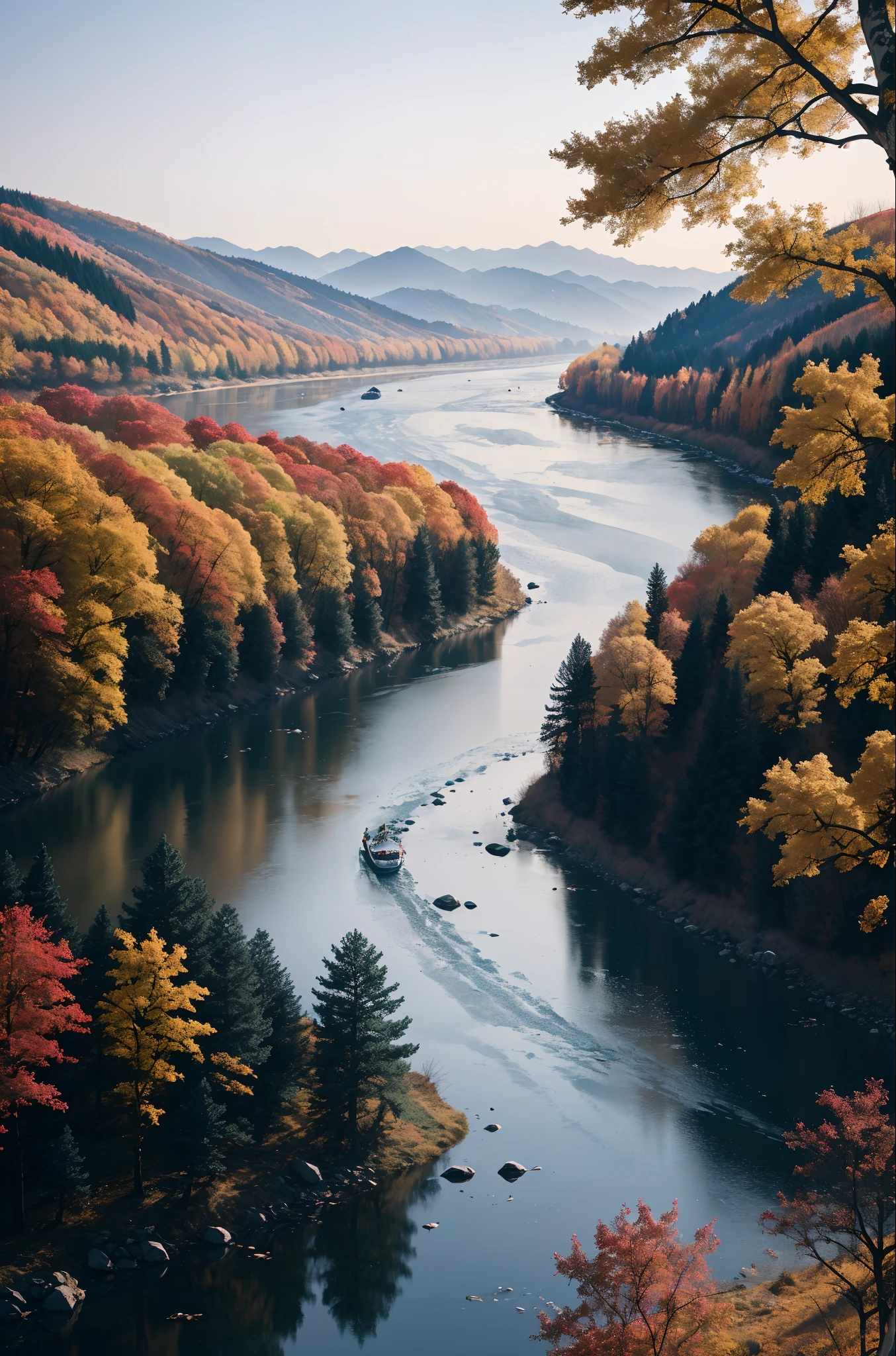 8k fall,eventide,riverbank,Scenic beauty,(超高分辨率),(Ultra-high sharpness),tmasterpiece,品质最佳