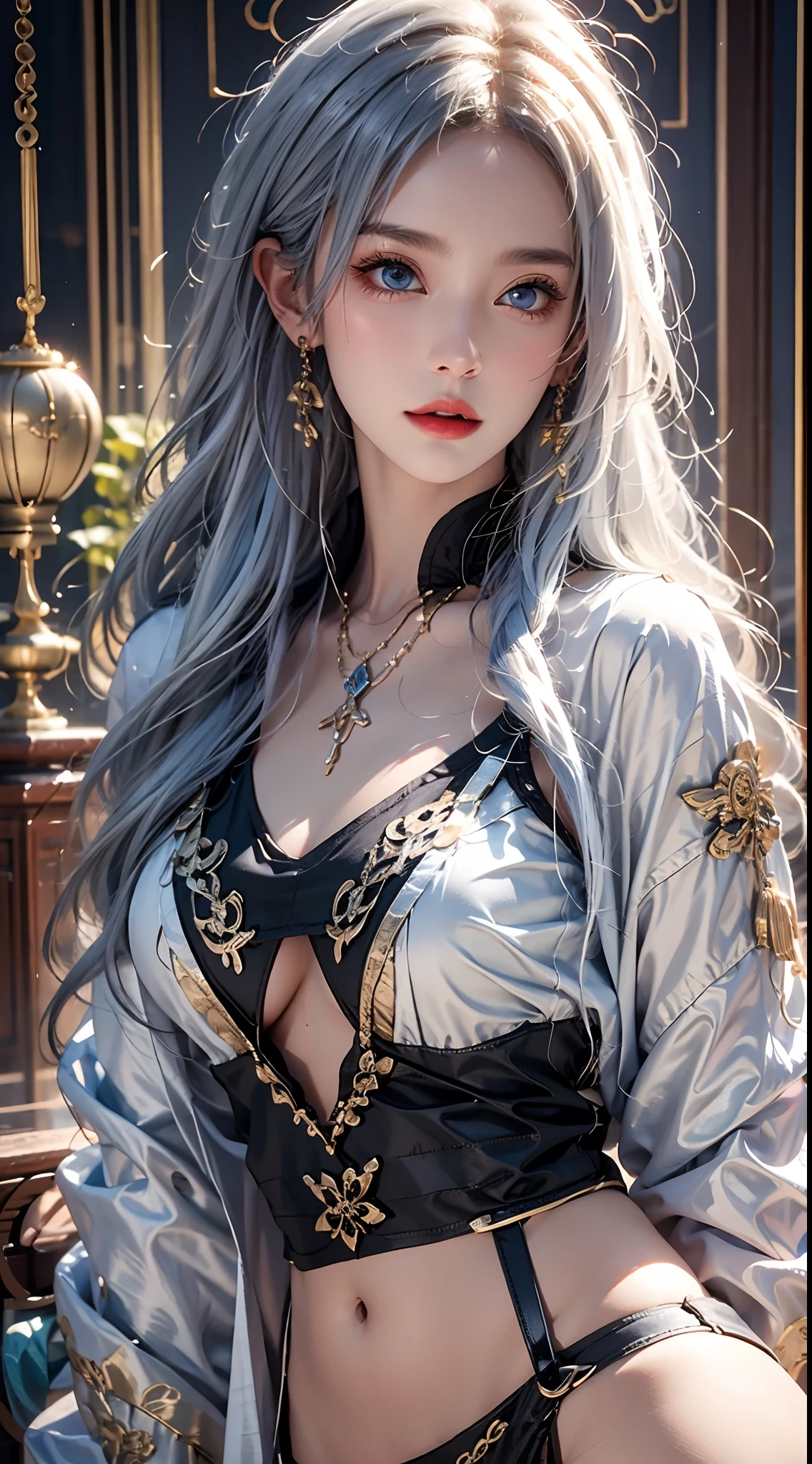 photorealistic, high resolution, soft lights, 1women, solo, hips up, look at viewer, (detailed face), blue eyes, white hair, long hair, colorful Taoist robe,oversized clothes, midjourney portrait, jewelry