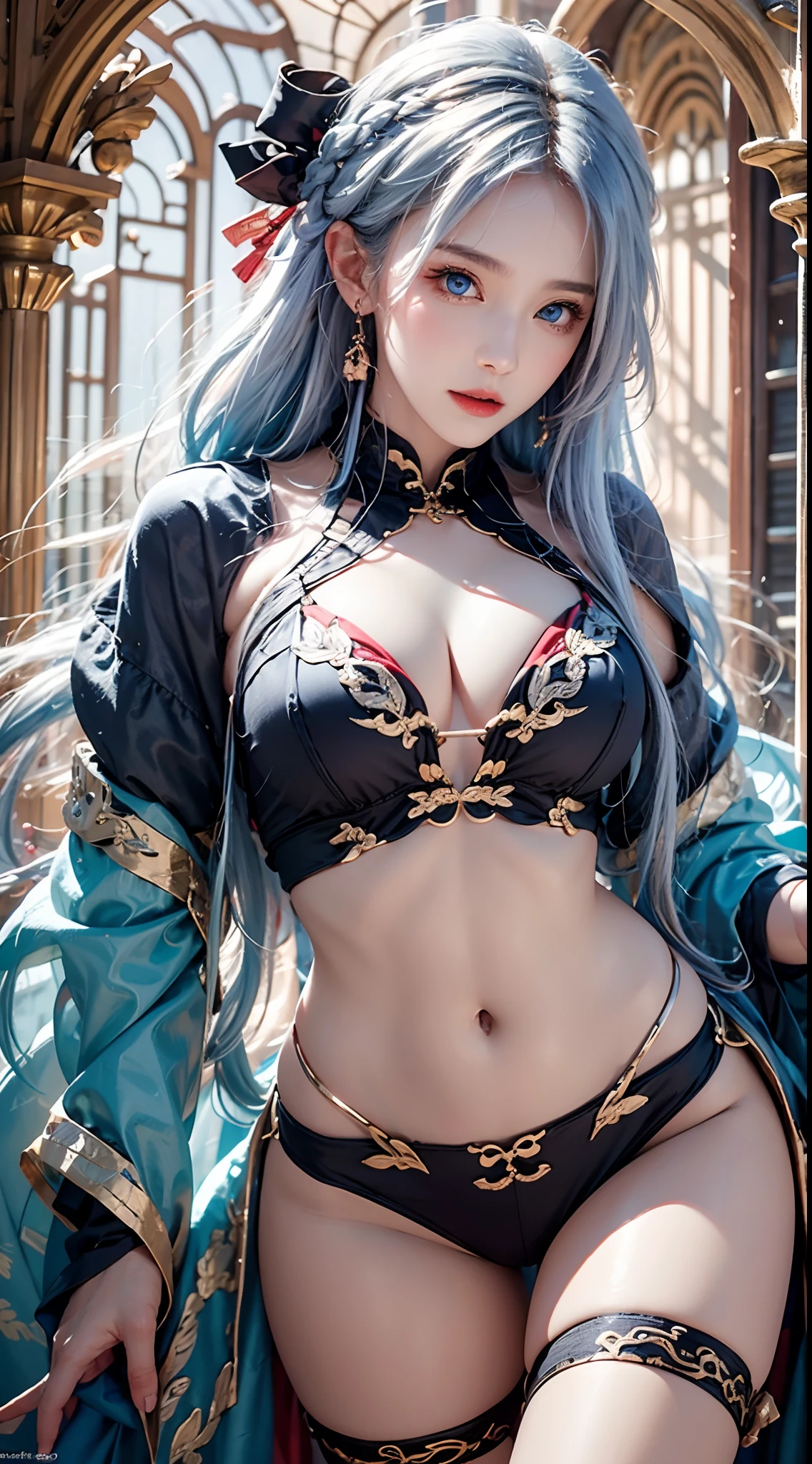 photorealistic, high resolution, soft lights, 1women, solo, hips up, look at viewer, (detailed face), blue eyes, white hair, long hair, colorful Taoist robe,oversized clothes, midjourney portrait, jewelry