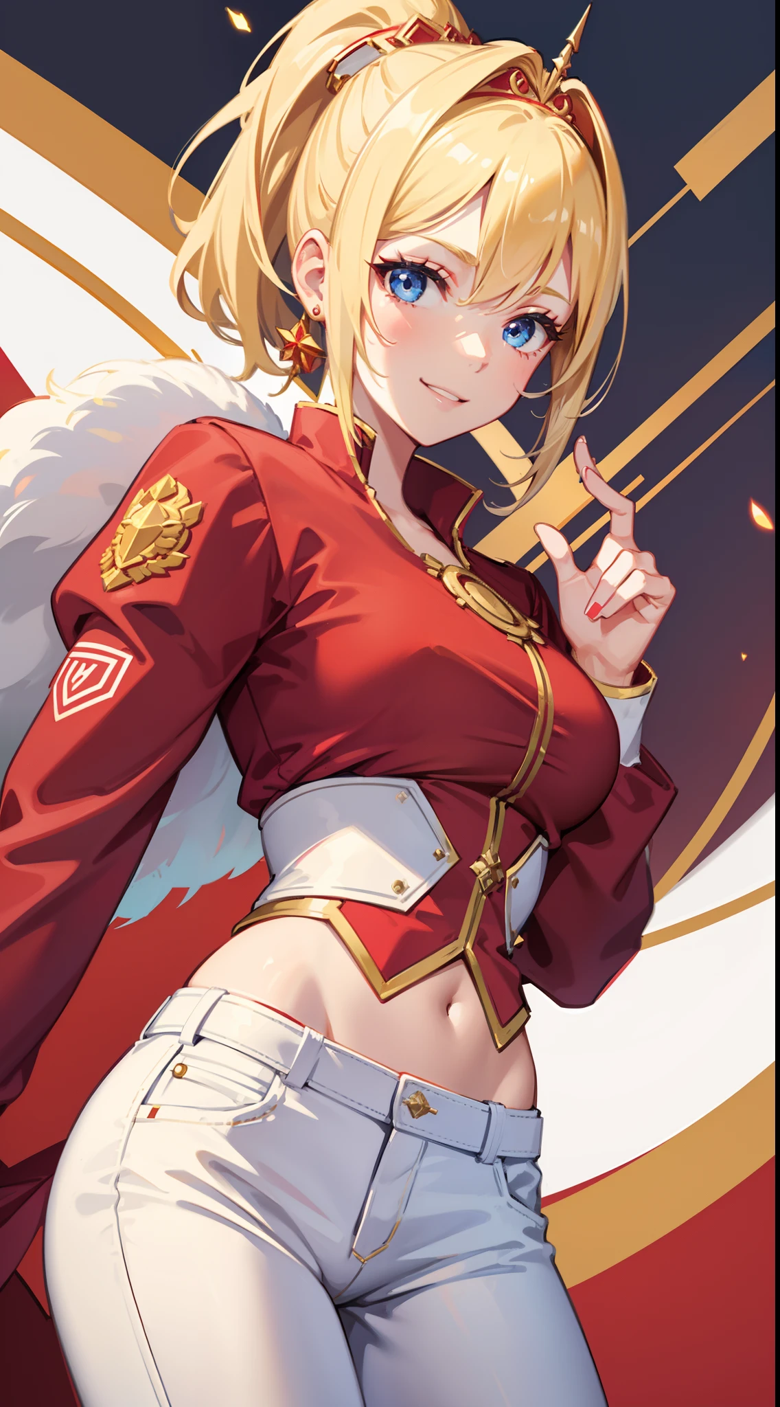 adult girl, short blonde hair, high ponytail, blue eyes, Smile, red jacket, white pants, diadem, Gold Elements, She-ra, Masterpiece, hiquality, 4k, HD, Good detail