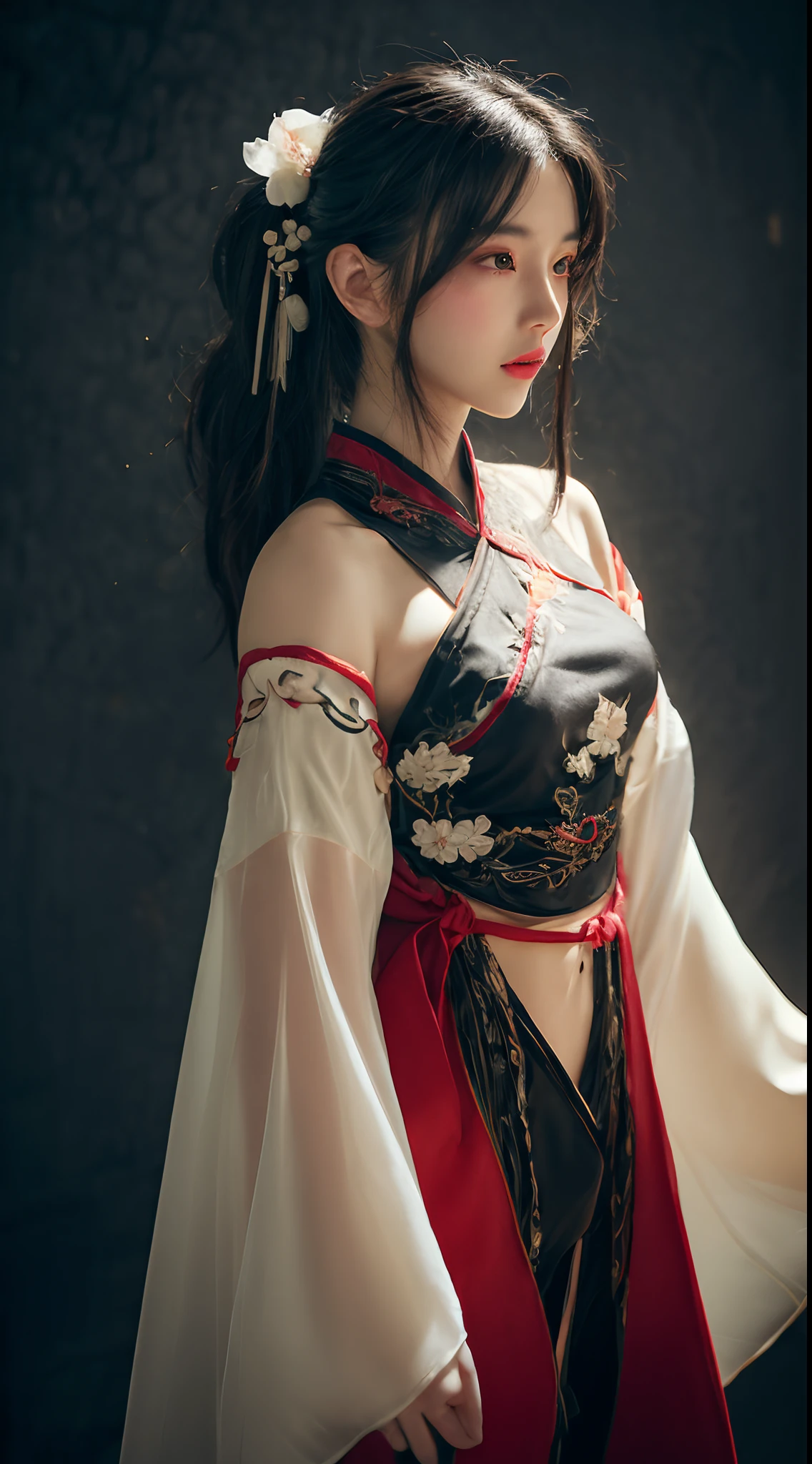 (Best quality,4K,A high resolution,Masterpiece:1.2),Ultra-detailed,Realistic, Black and white Hanfu,Black embroidery, Flowing white ponytail, Long flowing hair, White mask, The mask flutters in the wind, Fringed Hair Ornament, Peony flower, Ancient style, Wide sleeves, Dynamic pose, Dramatic composition, falling flower petals, red waistband, the complex background, Ancient architecture, Misty clouds, Fairy tale background, Swirling clouds, Cinematic lighting.