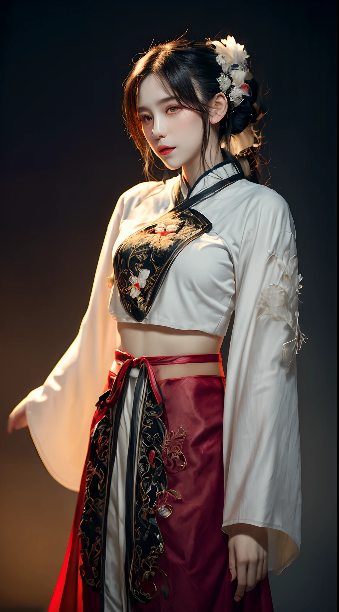 (Best quality,4K,A high resolution,Masterpiece:1.2),Ultra-detailed,Realistic, Black and white Hanfu,Black embroidery, Flowing white ponytail, Long flowing hair, White mask, The mask flutters in the wind, Fringed Hair Ornament, Peony flower, Ancient style, Wide sleeves, Dynamic pose, Dramatic composition, falling flower petals, red waistband, the complex background, Ancient architecture, Misty clouds, Fairy tale background, Swirling clouds, Cinematic lighting.