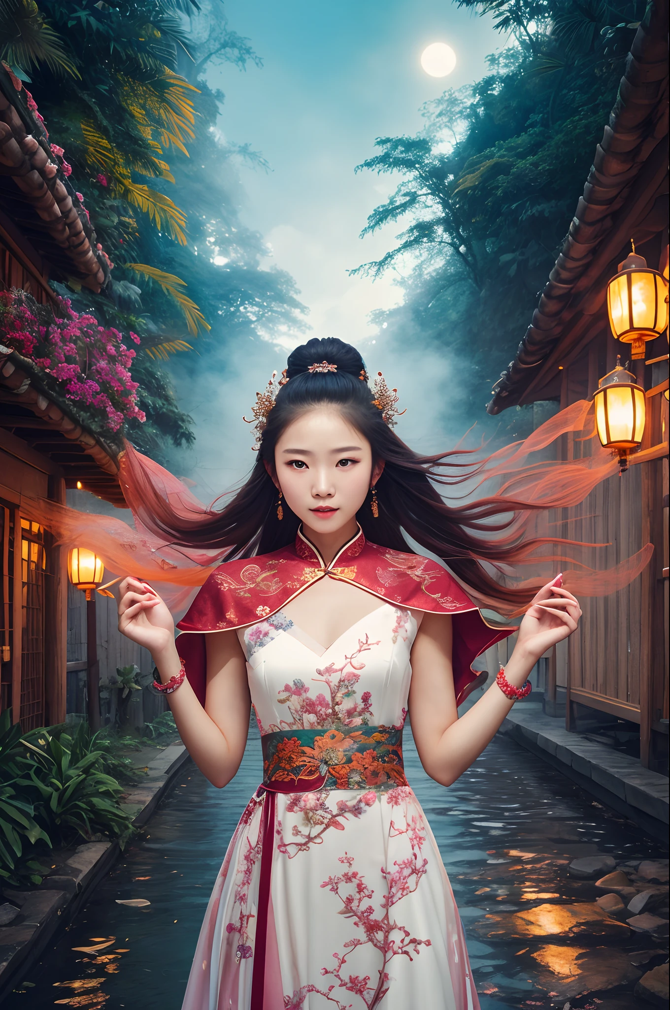 ((1girl,Chinese, with her flowing hair adorned with beautiful hair ornaments, standing among the flying petals, a majestic dragon wound around her)),((best quality)),((Representative)),(Realistic),The shooting angle is a bird's-eye view.,
An 18-year-old girl in an elegant Chinese costume,Her flowing hair is elegantly embellished with glamorous hair accessories,be captivated by this charming sight,As the petals swing around her in the wind,A majestic dragon wraps its meandering body around her,Created a fabulous seduction scene,Immerse yourself in the deepest jungle river in a rainforest village,Lush greenery and vibrant plants surround them,Full of ancient mysticism,Snow peaks plunge into the sky,The soft light illuminates the girl's face,Cast gentle shadows,Capture the beauty of her empty spirit,Scenery and distant neon lights add a touch of magic from afar,Create a fantastic atmosphere,The blurred background further enhances the quality of the film,Attracted attention to ornate and ultra-detailed composition,Prepare to be captivated by the seamless fusion of natural elements and fantasy in this masterpiece of art,
smokeanywhere,colorful smoke,
hanfu,
long,
flower