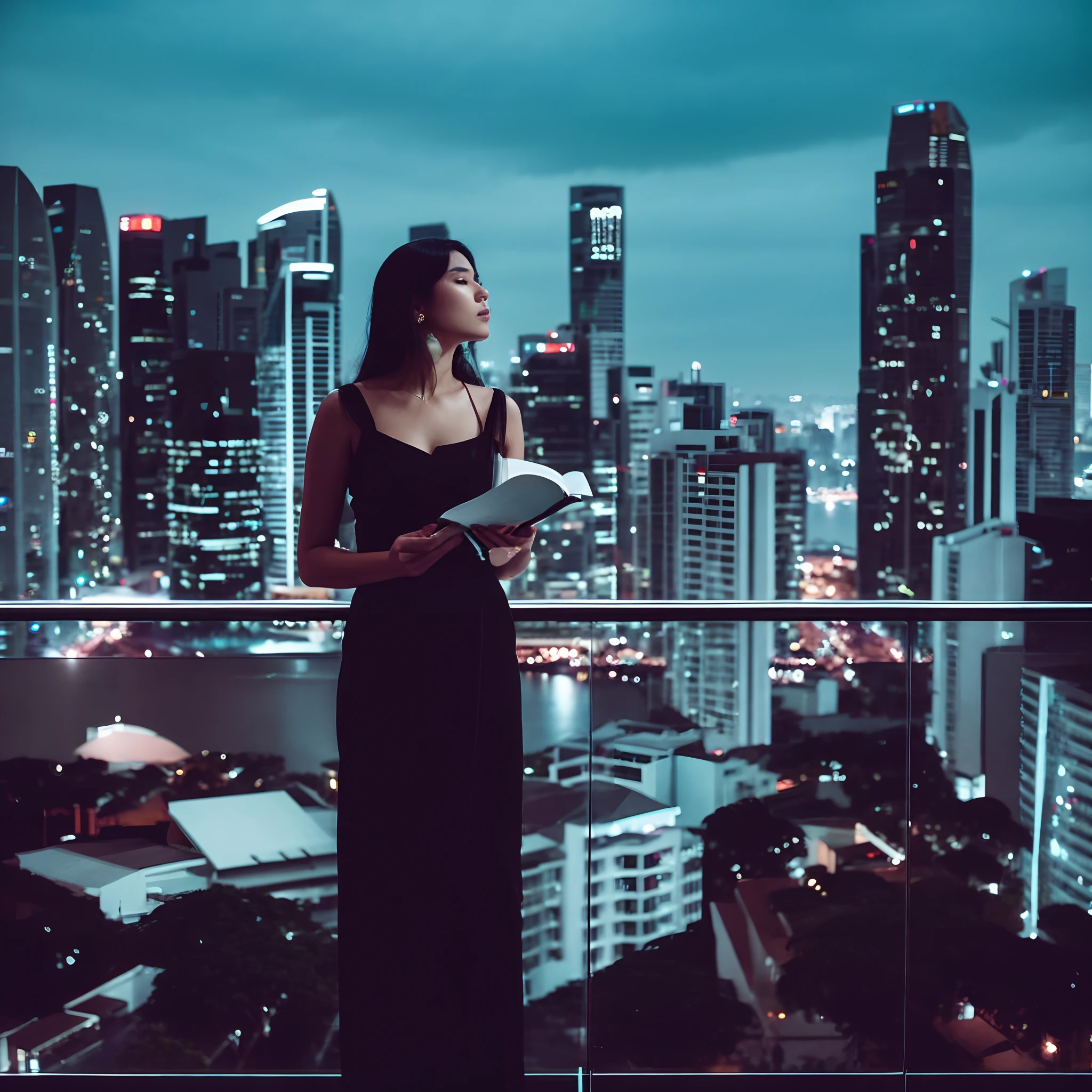 arafed woman in a black dress standing on a balcony with a book, the singapore skyline, overlooking a modern city, singapore, set on singaporean aesthetic, photography shot at blue hour, with a city in the background, portrait shot, singapore city, in style of kar wai wong, singapore ( 2 0 1 8 ), neo - noir setting, by Patrick Ching