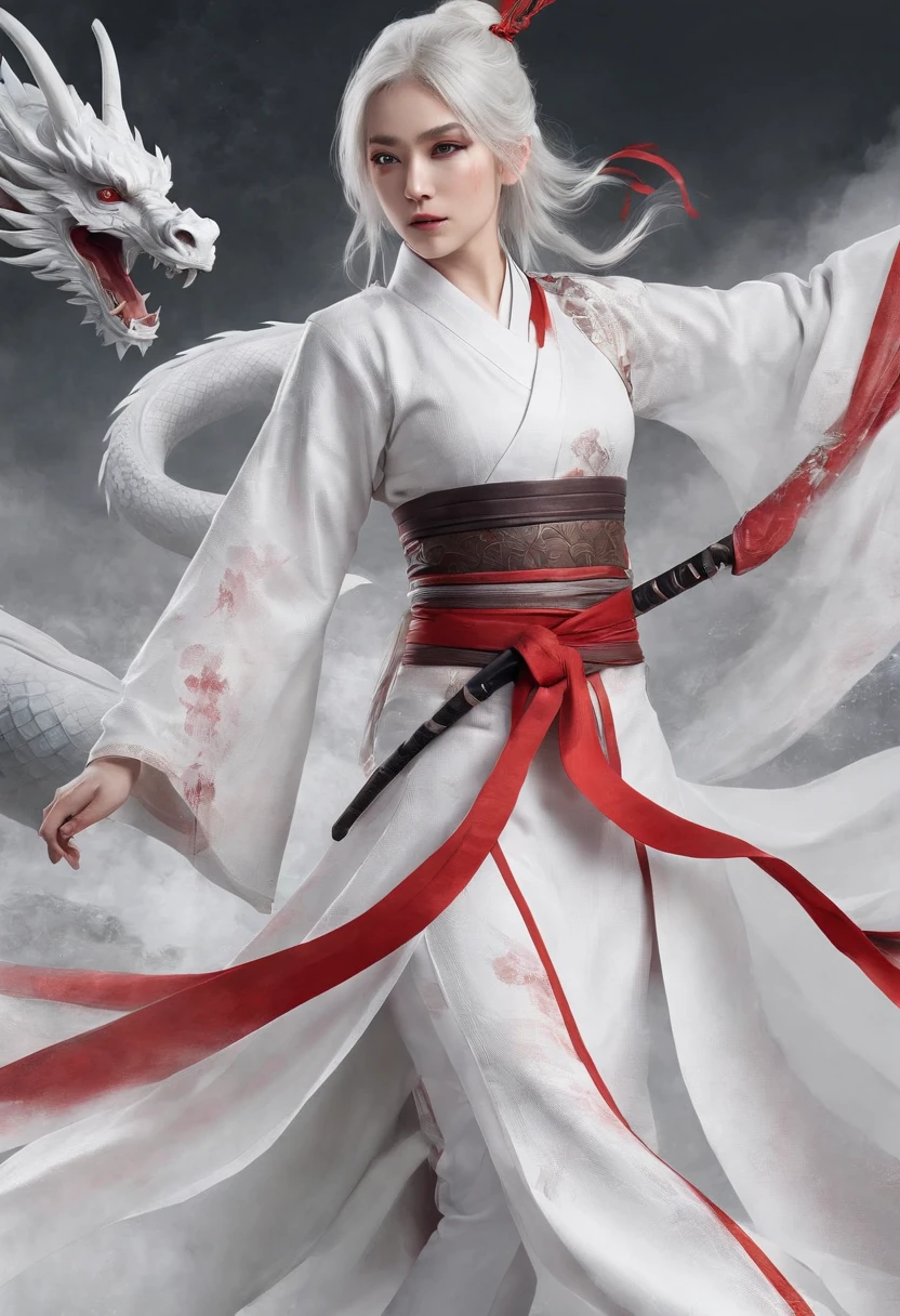 Cirilla Fiona Elen Riannon,动态照明,art stations,poster for,Volumetriclighting,Very detailed faces,4k wallpapers,He has a delicate and beautiful face,long hair flowing,horse tailed,Fringed Hair Ornament,Dynamic perspective,White Hanfu,White gauze flying,red waistband,Sexy,Tradition Chinese Ink Painting,Surrounded by clouds,fog atmosphere,Ride a white dragon,katana swords,White dragon horn,dynamic viewing angle,电影灯光,