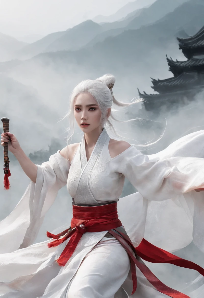 Cirilla Fiona Elen Riannon,动态照明,art stations,poster for,Volumetriclighting,Very detailed faces,4k wallpapers,He has a delicate and beautiful face,long hair flowing,horse tailed,Fringed Hair Ornament,Dynamic perspective,White Hanfu,White gauze flying,red waistband,Sexy,Tradition Chinese Ink Painting,Surrounded by clouds,fog atmosphere,Ride a white dragon,katana swords,White dragon horn,dynamic viewing angle,电影灯光,