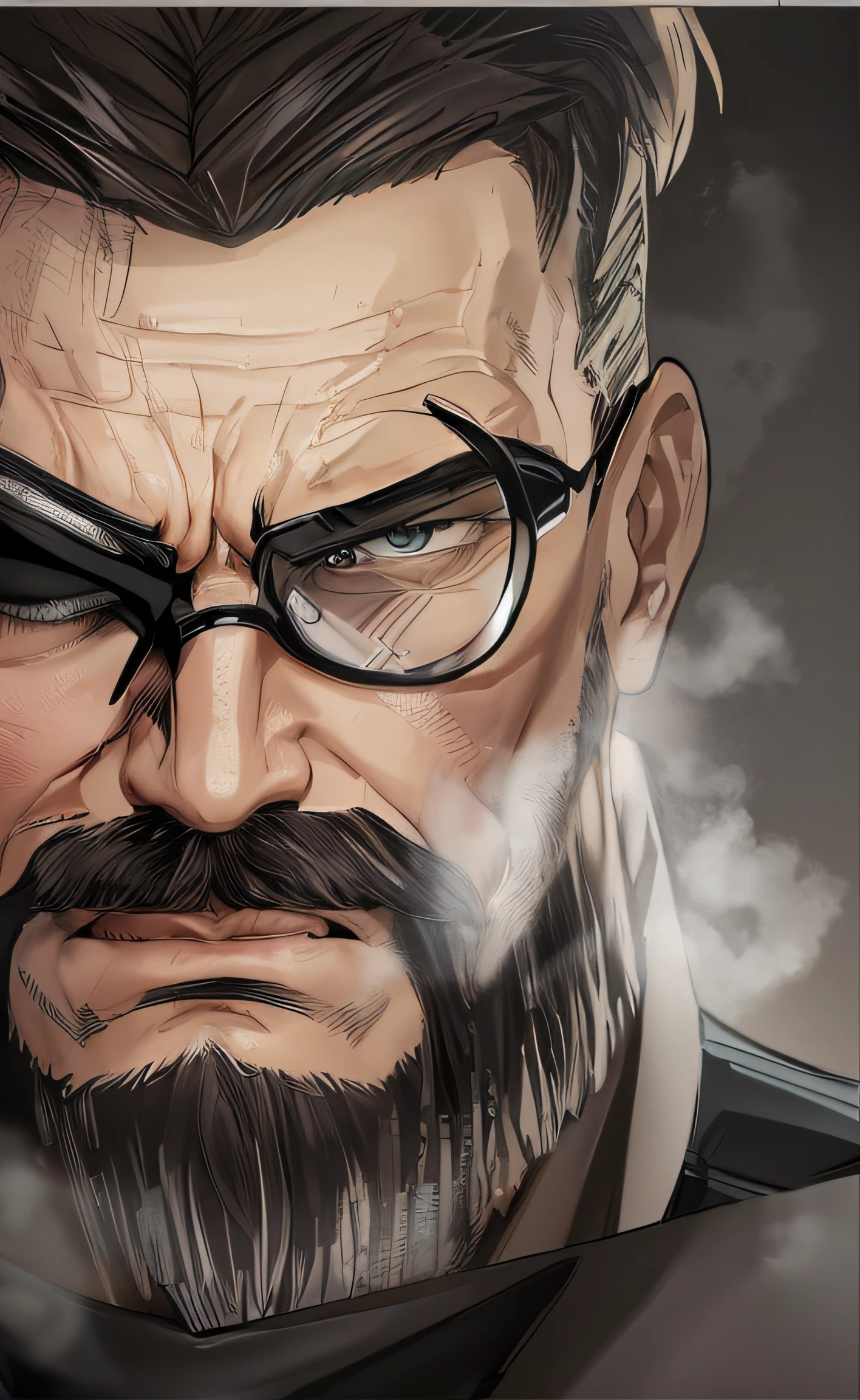 there is a man with glasses and a beard with a mustache, character art closeup, highly detailed angry anime face, character portrait closeup, walter white in attack on titan, high detail iconic character, closeup character portrait, nerdy man character portrait, an angry muscular army general, detailed character portrait, seinen manga portrait, close up character, character close up, solid snake portrait