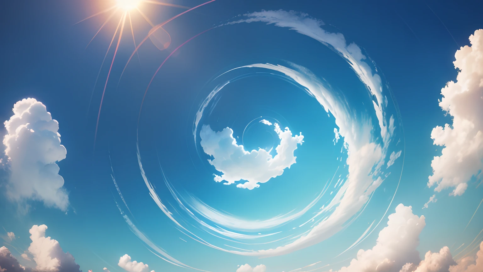 Blue sky, fluffy clouds, sun