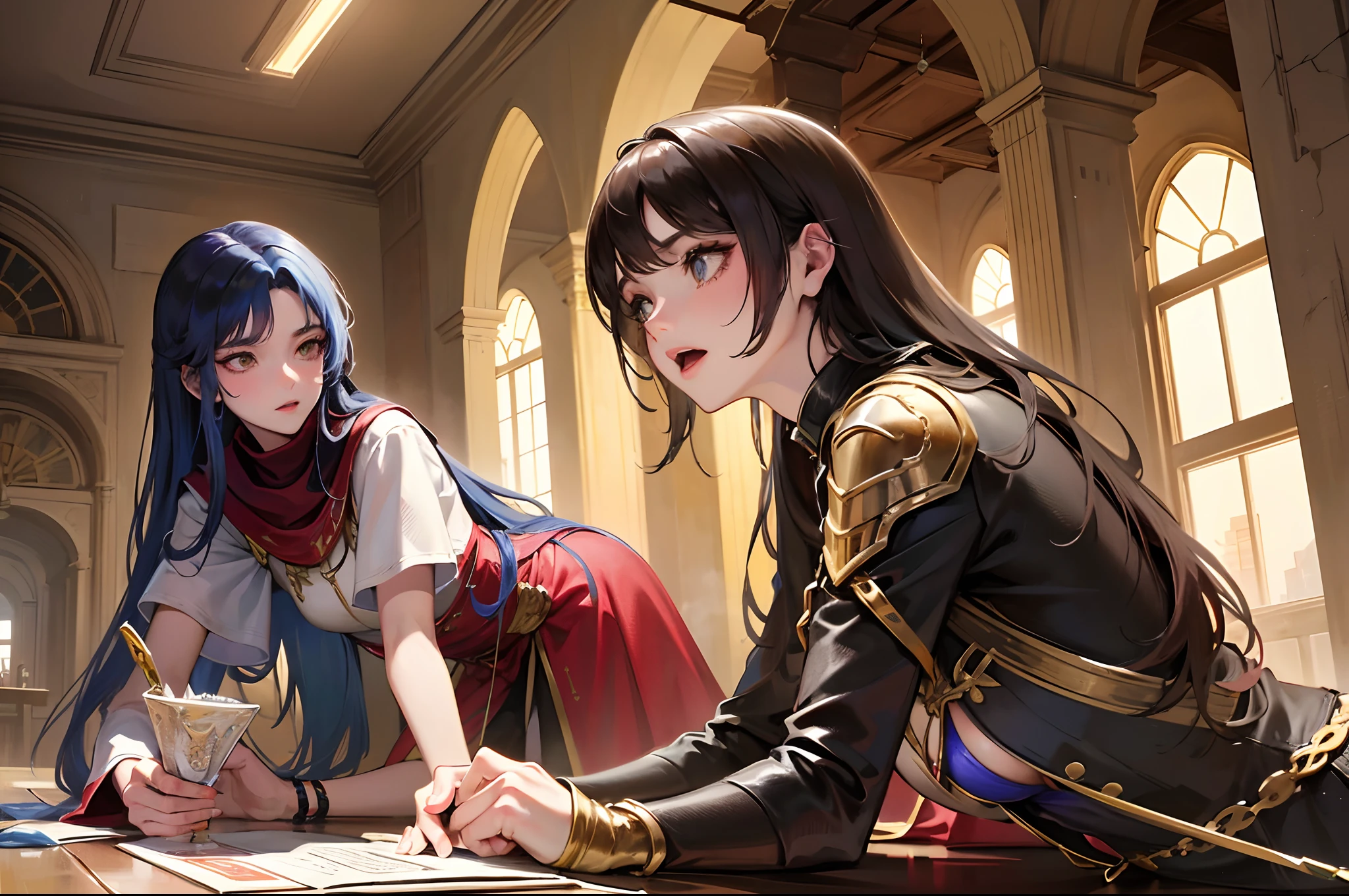 crie para mim um imagem, onde demonstre um jovem adolescente sendo treinado por uma mulher espadachim, both of Arab descent, em uma sala de treinamento, rpg, dungeons and dragons, medieval, genial --auto --s2