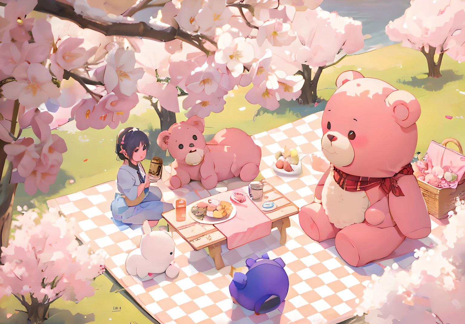 In the Park, Two teddy bears sit on a blanket, Forest Picnic, seasons!! : 🌸 ☀ 🍂 ❄, Have a picnic, official fanart, picnic, Afternoon hangout, high quality fanart, Spring Day, BAPV, wall paper!, Detailed fanart, けもの, cute art style, John Park(John Park)(John Park(John Park)), cute detailed digital art, soft anime illustration