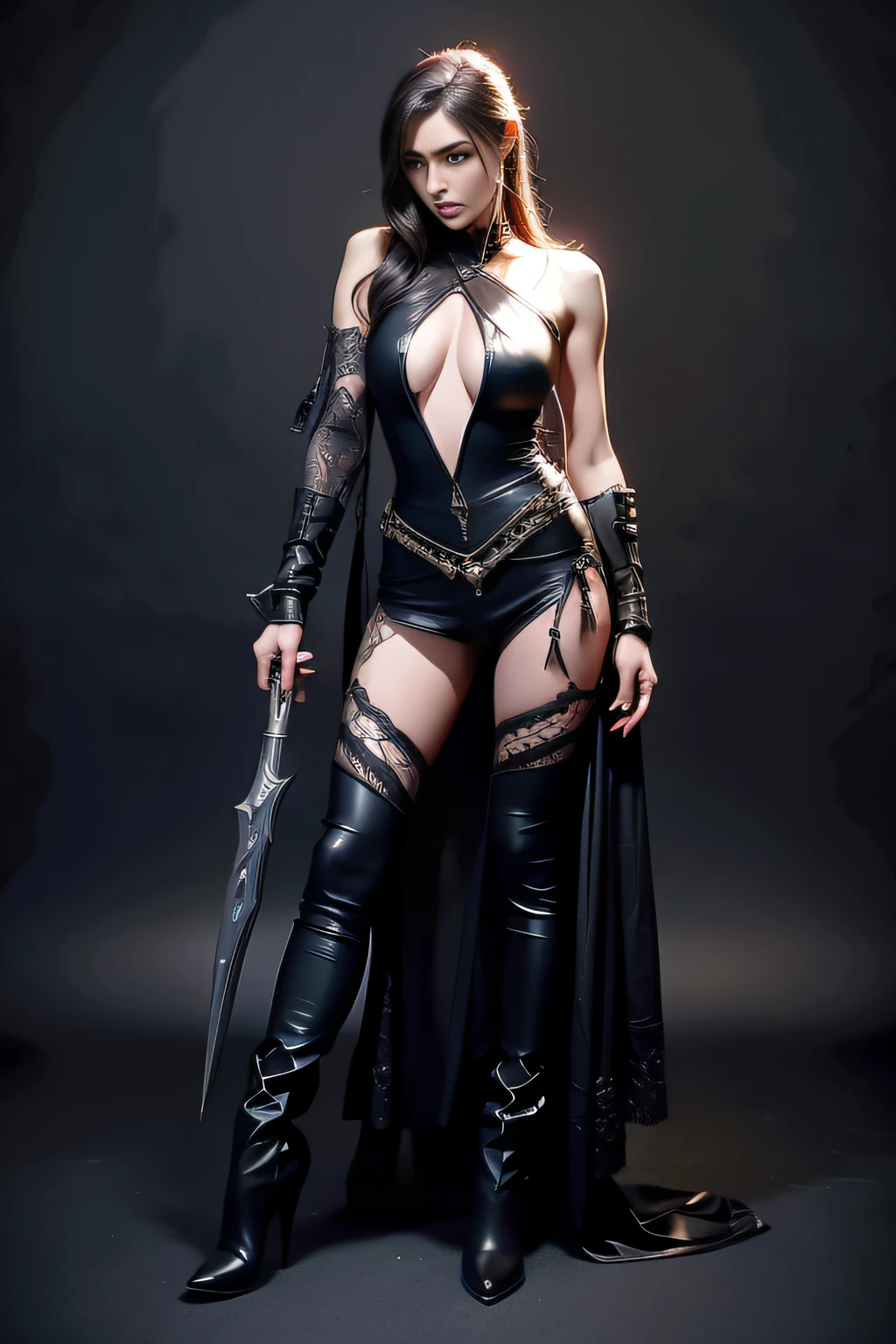 Magical style, Demon hunter, femele,Full body like, sharpshooter,a character in League of Legends,gaming character, cosplay, sexy leather clothes,Bare chest,flowy, metal decoration,With a short gun, hyper HD, Masterpiece, Textured skin, Anatomically correct, Best quality