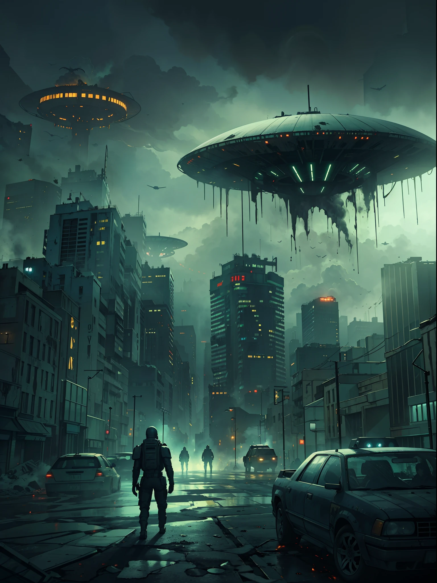 "Creepy and intense alien invasion scene with dark atmosphere, dramatic lighting, and intense action. Show powerful extraterrestrial creatures, advanced technology, destroyed cityscape, panicked civilians, and a sense of imminent danger. Generate an unsettling and immersive image that captures the chaos and terror of an otherworldly invasion."