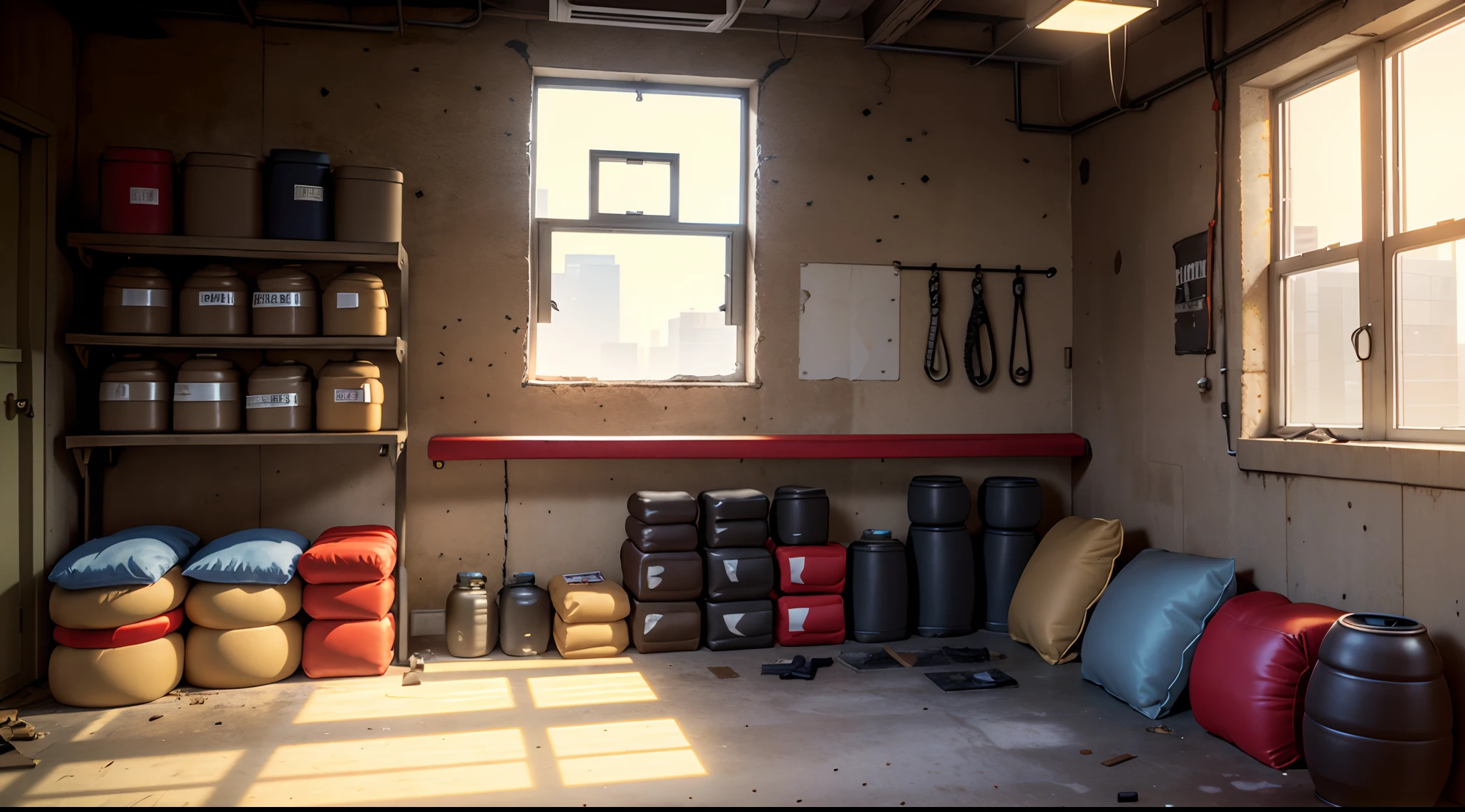 Heads-up ,No windows indoors,The light is dim,dystopians style,apocalyptic style,Dilapidated indoor health room,Small interior space,Mottled variety of fitness equipment,Boxing red sandbags,Cylindrical boxing sandbags,Hanging on the beam,interior scenes,No character background