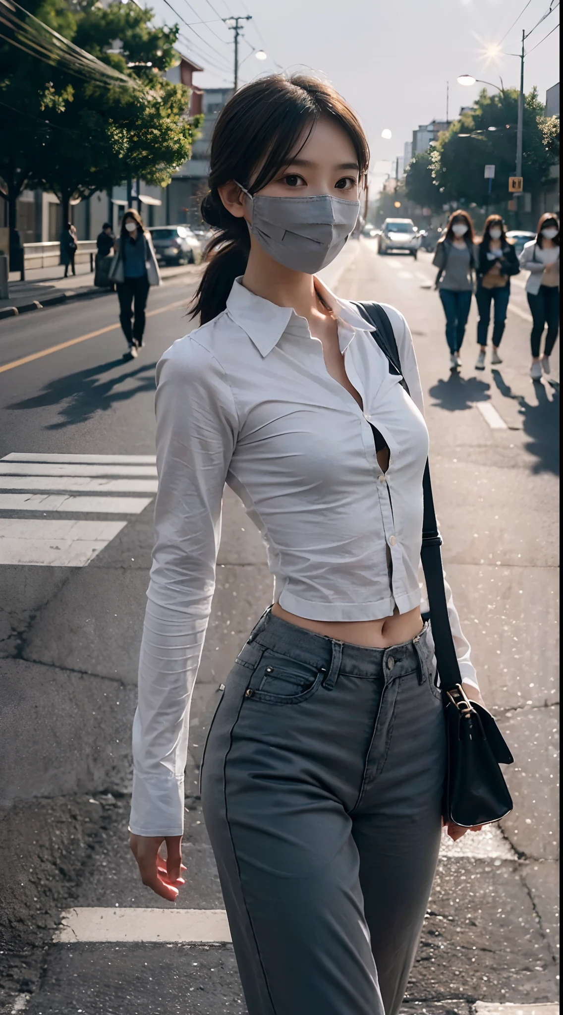 ((Small underboob)), (shoulder length straight short hair: 1.2), （Extremely meticulous CG 8k wallpaper），（Extremely refined and beautiful），（Masterpiece），（best qualtiy：1.0），（Ultra High Resolution：1.0），beautiful light up，Perfect lightning，realistic shaded，[A high resolution]，Smooth and flawless fair skin，Extremely exquisite facial details，（perfect body：1.1），ultra - detailed，A beautiful girl，small head，(Small breasts:1.1)，Flat chests，slim，thin，Smile，cheerfulness，Short ponytail，(Maxi white collared  long sleeved shirt:1.3），（Black pants with large holes:1.3）,(Black pants with holes in them:1.1)，early autumn，Dusk, sunset light，Close Shot，Surrounded by a crowded crowd，At the school gate，Crossing the road, running, hair flying, sideways,Holding a cup of coffee in hand,Carrying a blue messenger bag on shoulder,(Light gray mask:1.3)