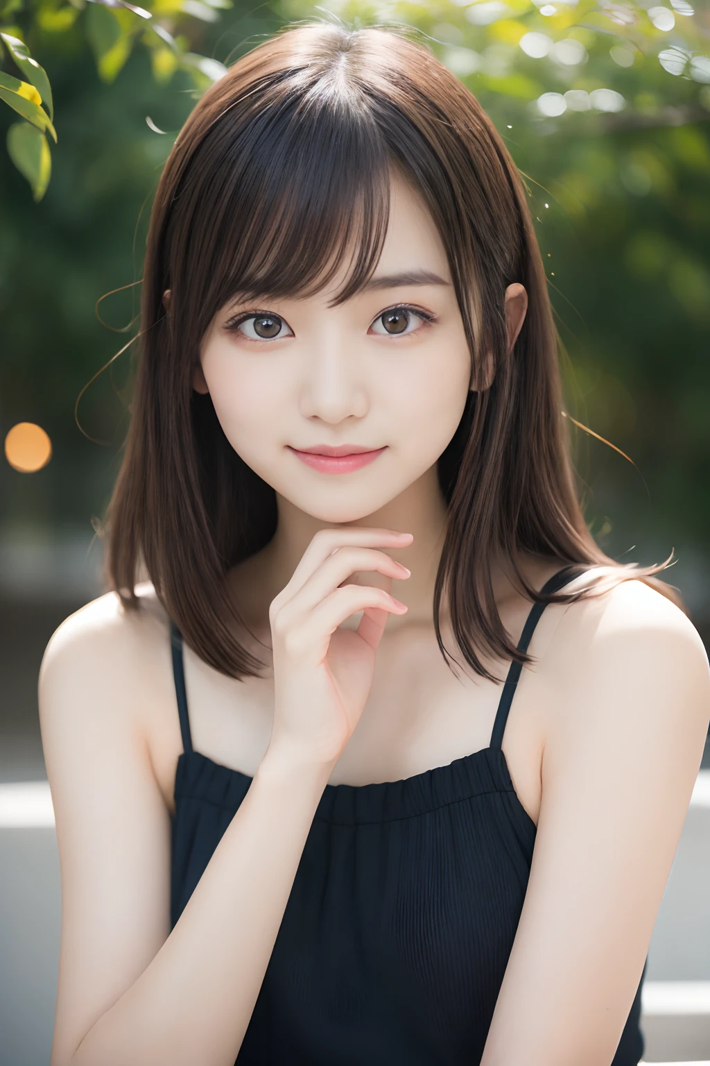 masutepiece, Best Quality, 8K, sixteen years old, Teen, Raw photo, absurderes, award winning portrait, Smile, Smile, Solo, during daytime, Idol face, violaceaess, gardeniass, Delicate girl, Upper body, Digital SLR, Looking at Viewer, Candid, Sophisticated, zora々Right, Thin arms, Professional Lighting, Film grain, chromatic abberation, (Eyes and faces with detailed:1.0), (Bokeh:1.1), (hyper pretty face:1.2)、(beautiful countenance:1.2), Beautie、