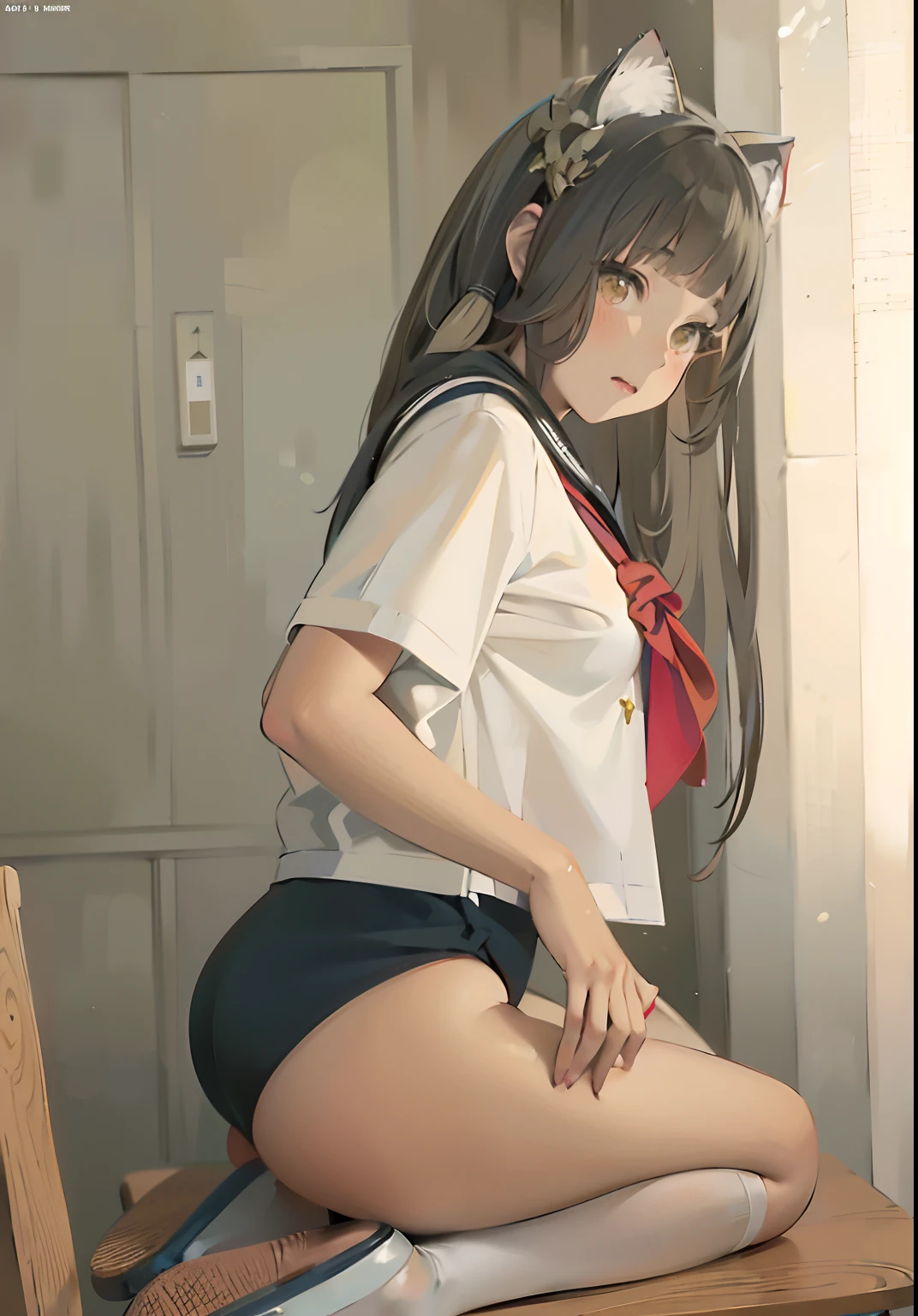 Alafard Asian woman sitting in chair in school uniform, Surrealism female students, Anime girl cosplay, seductive anime girls, Surrealism female students, Realistic young gravure idol, the anime girl is crouching, beautiful anime girl crouching, Anime girl in real life, Ayaka cosplay, Beautiful Anime High School Girls, Realistic schoolgirl，Cat ears，Wearing cat ears