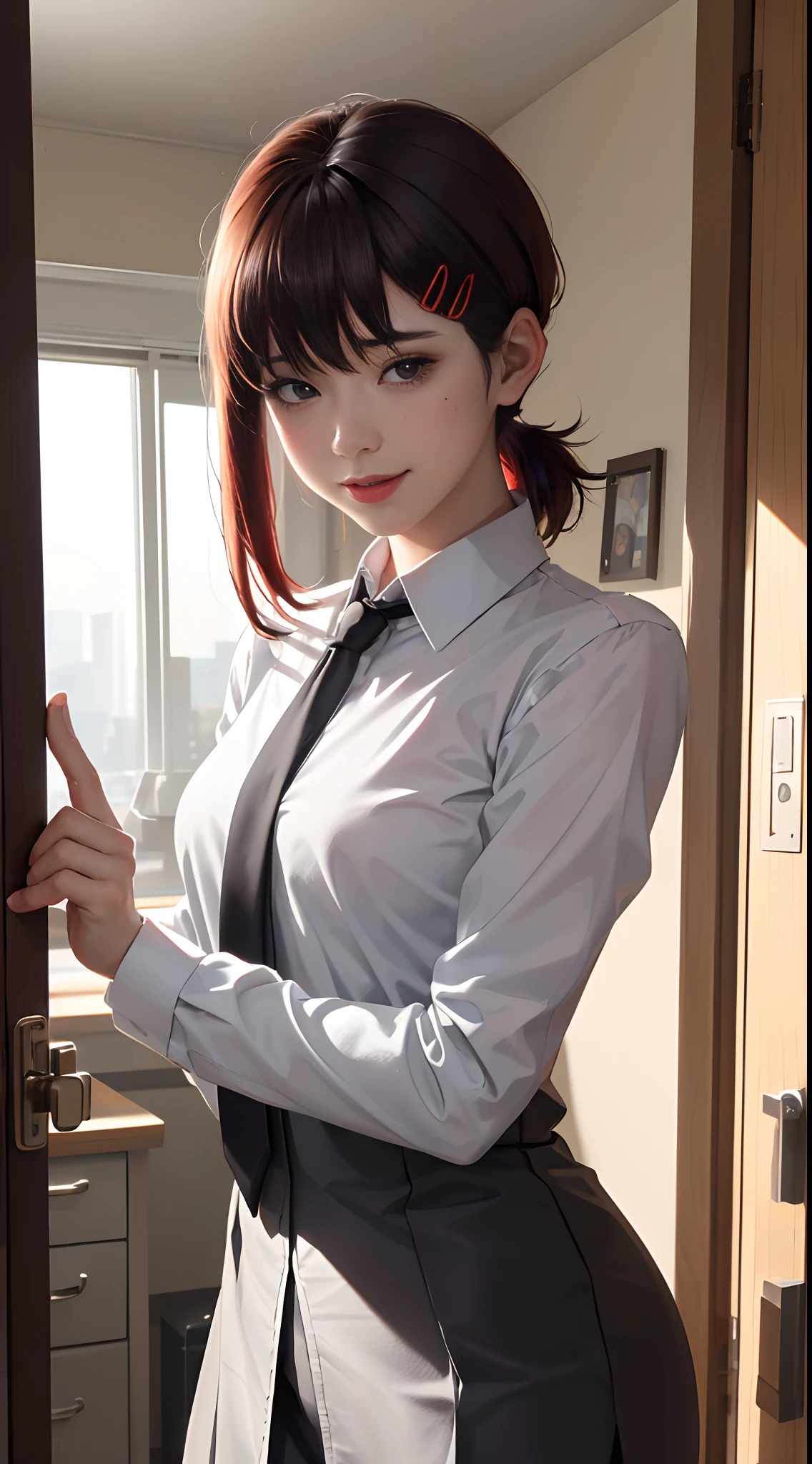 tmasterpiece,best qualtiy,ultra - detailed,illustratio,epic lighting,cinematic compositions,isometry,1girll,ssmile,Redlip,独奏,adolable,Black eyes,Black color hair,By bangs,red hair clips,blouse with a white collar,black necktie,Black pantsuit,Professional Dress,captivating posture,inside in room,office room,Open the door,looking at viewert,peeking out upper body,Be red in the face,seduct smile,Shut your mouth,(8K:1.1),