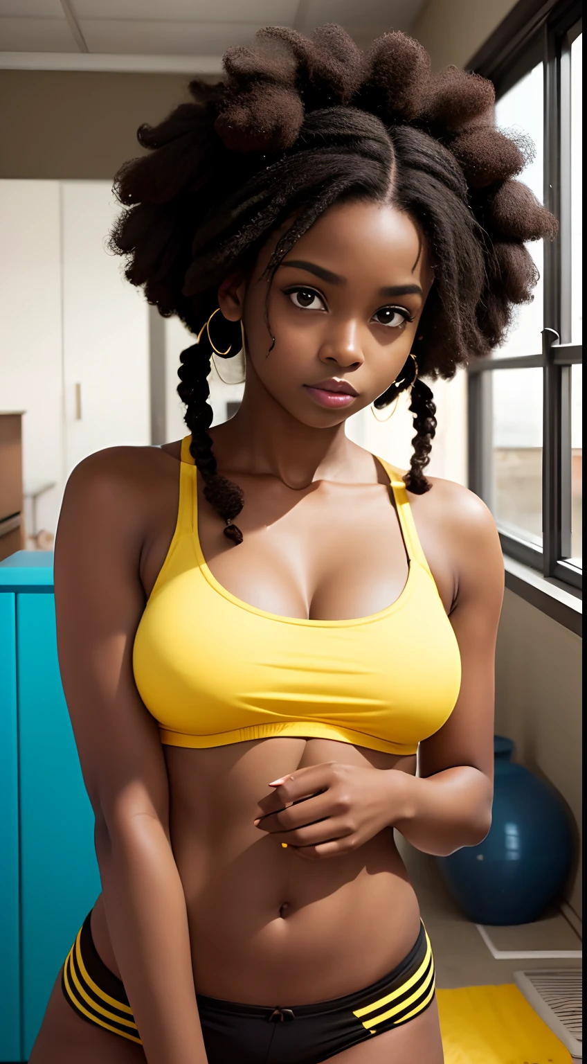 Adult very deep dark skin women, afro hair, afro pigtails, yellow eyes, African, wearing tanktop bra, indoors