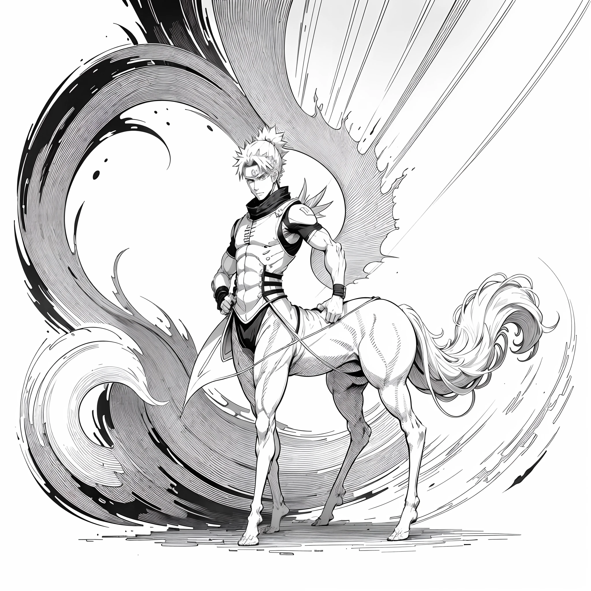1 Centaur male,Naruto Naruto,dessin au trait,Line drawings,Plain white background,pencil drawing,Remove the background,Graphic design sense,Smooth black and white lines,Perfect curves,simple and clean lines,fluency,delicated face,No additional wiring is required,Perfect hand movements,(high high quality)(volumettic light)