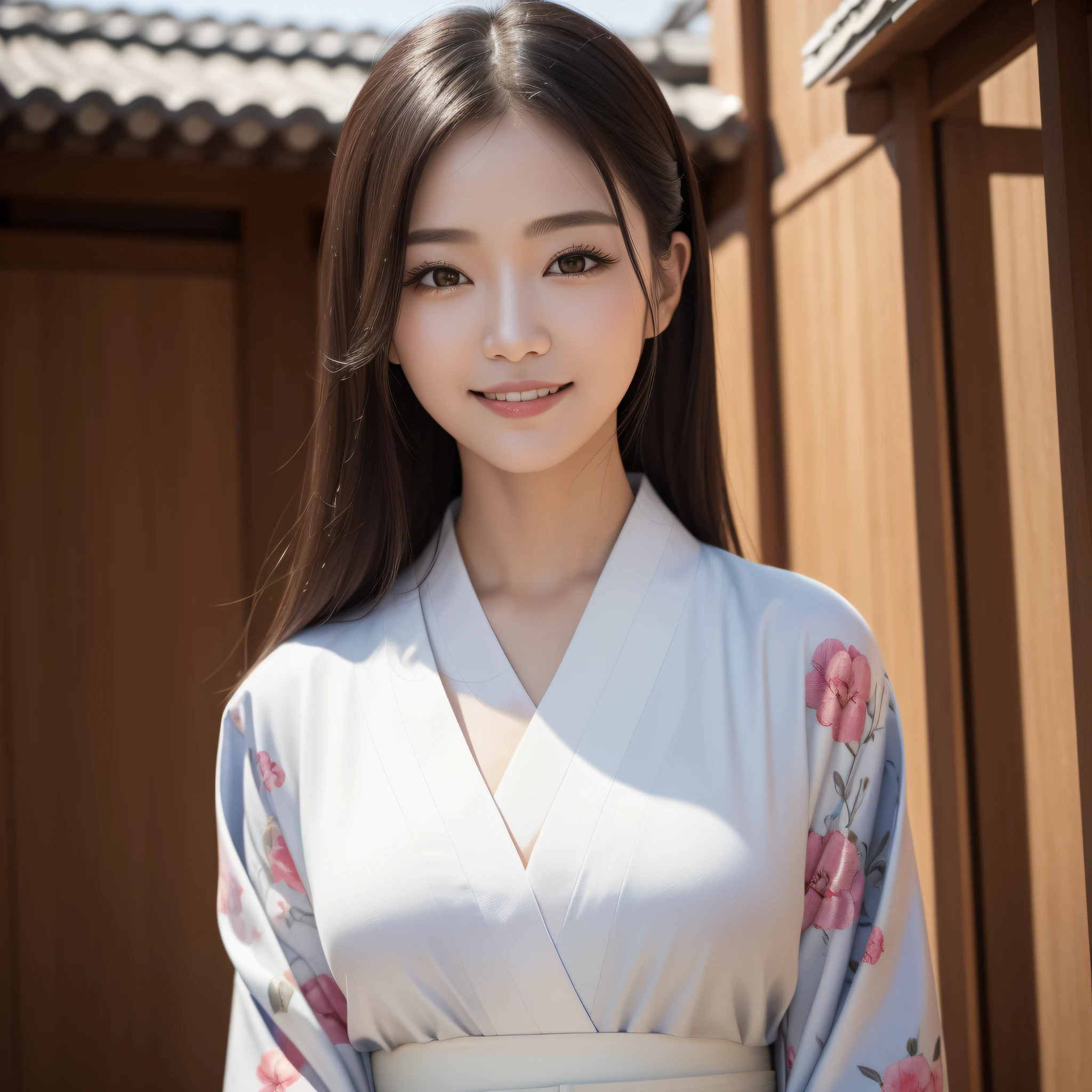 Woman in kimono、((best qualtiy、8k masterpieces:1.3))、foco nítido:1.2、(ultra beautiful faces:1.0)、(shinny skin:1.0)、photos realistic、A dark-haired、Video Lighting、High-definition eyes and face、Video Lighting、Korean idol actress、from the front side、medium breasts、Smile、Slender Abs Beauty、Whole body、wearing kimonos、At the shrine in the early morning