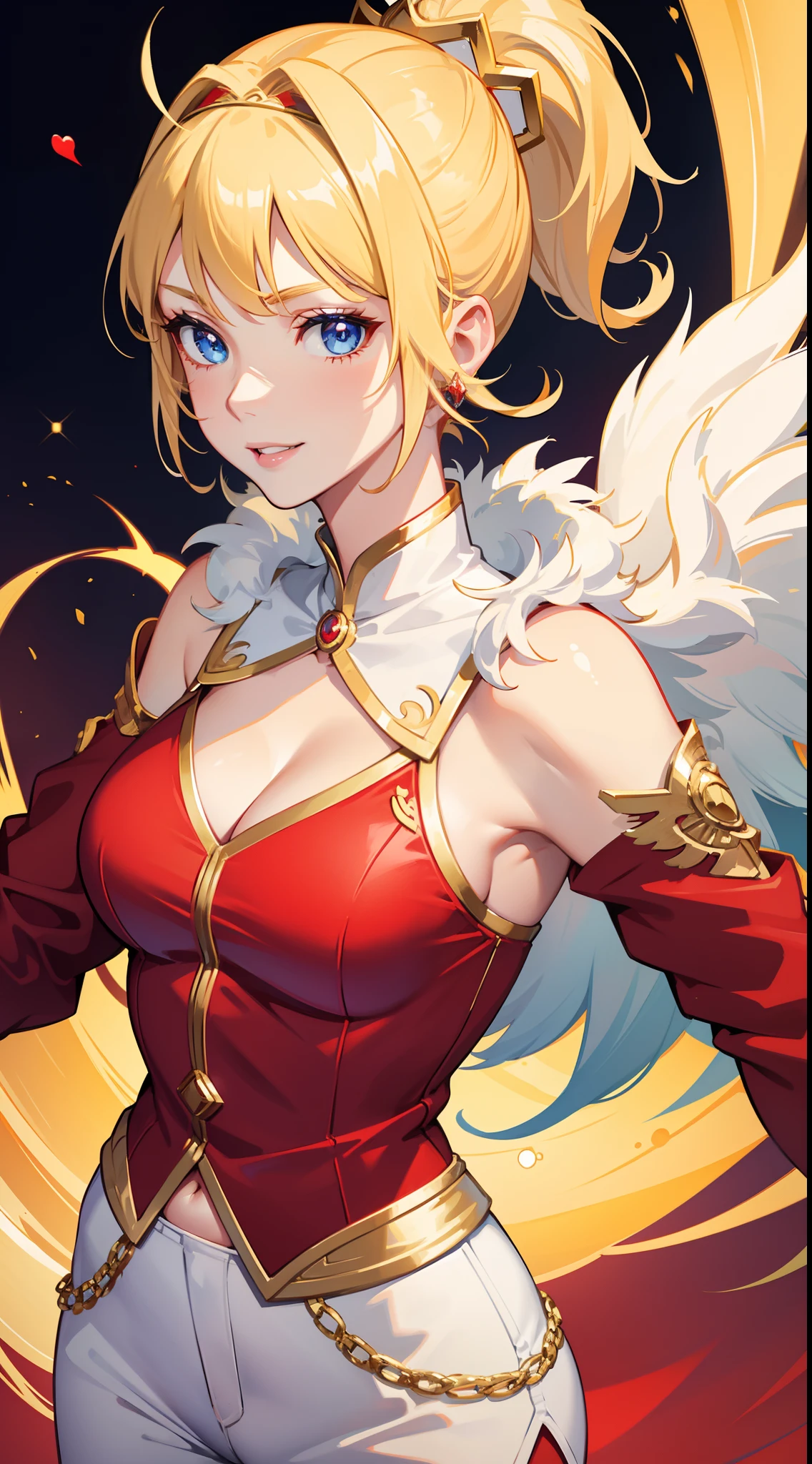 adult girl, short blonde hair, high ponytail, blue eyes, Smile, red jacket, white pants, diadem, Gold Elements, She-ra, Masterpiece, hiquality, 4k, HD, Good detail