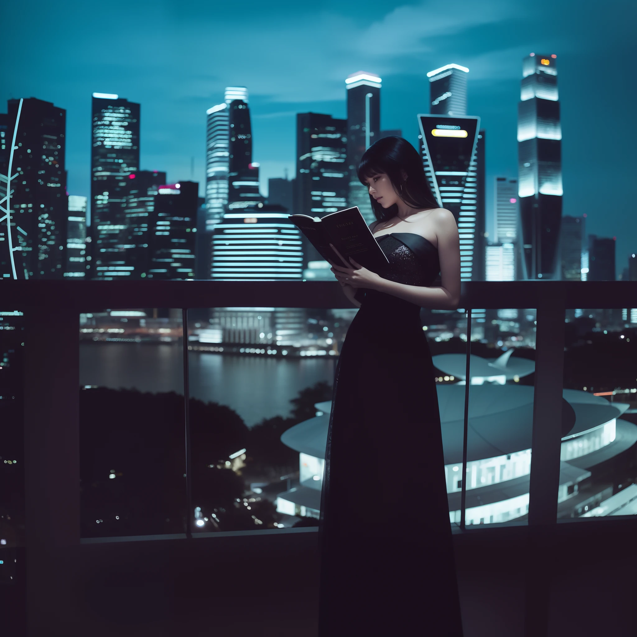 arafed woman in a black dress standing on a balcony with a book, the singapore skyline, overlooking a modern city, singapore, set on singaporean aesthetic, photography shot at blue hour, with a city in the background, portrait shot, singapore city, in style of kar wai wong, singapore ( 2 0 1 8 ), neo - noir setting, by Patrick Ching