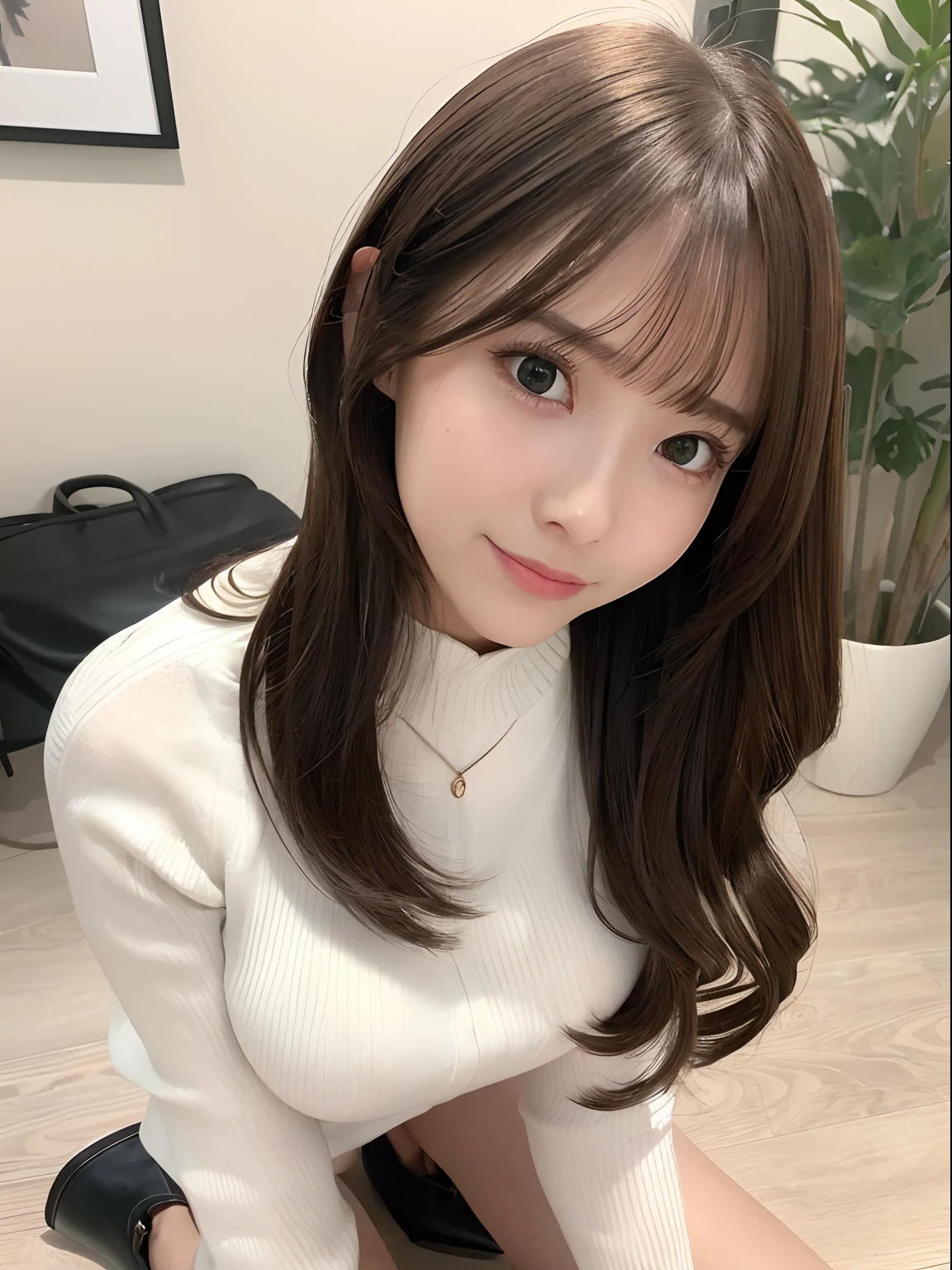 (close-up:1.4), (Raw photo:1.2), (Photorealistic:1.4),(masutepiece:1.3),(Best Quality:1.4), Dreams, (Detailed eyes),(detailed facial features), (detailed clothes features), Skin Tight, (Shiny skin),(Slender girl),(Slim Girl), 1girl in, ((Full body)),Solo, Cute,smlie,(medium breasts), Bangs, Wavy Hair, long brown hair, Hazel eyes, Crystal Pendant, Tight white sweater, Skirt, Black thick pantyhose, brown shoes,