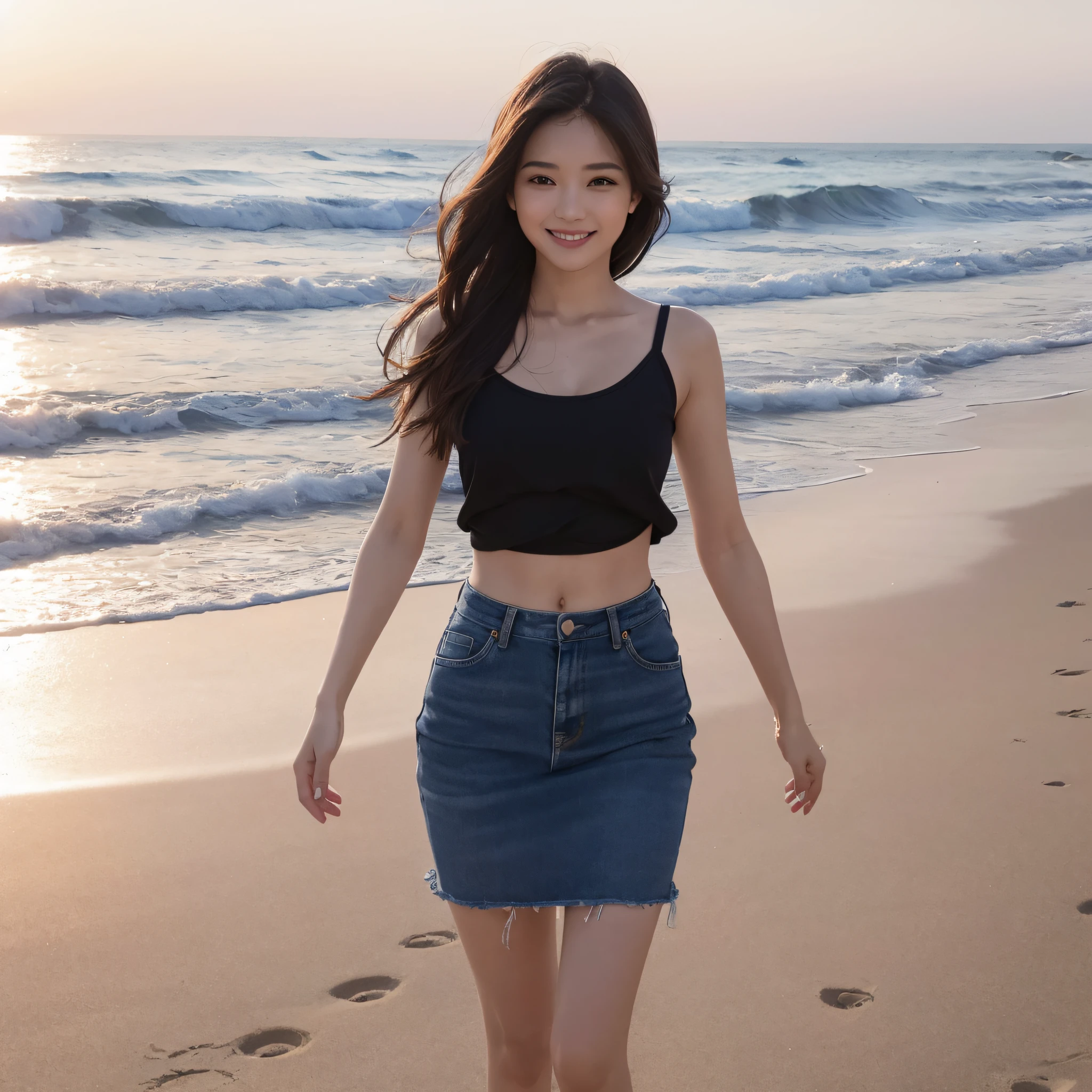 One lady、((best qualtiy、8k masterpieces:1.3))、foco nítido:1.2、(ultra beautiful faces:1.0)、(shinny skin:1.0)、photos realistic、A dark-haired、Video Lighting、High-definition eyes and face、Video Lighting、Cute Top Idol、from the front side、medium breasts、Smile、Slender Abs Beauty、Whole body、wearing t-shirts、On the beach in the morning