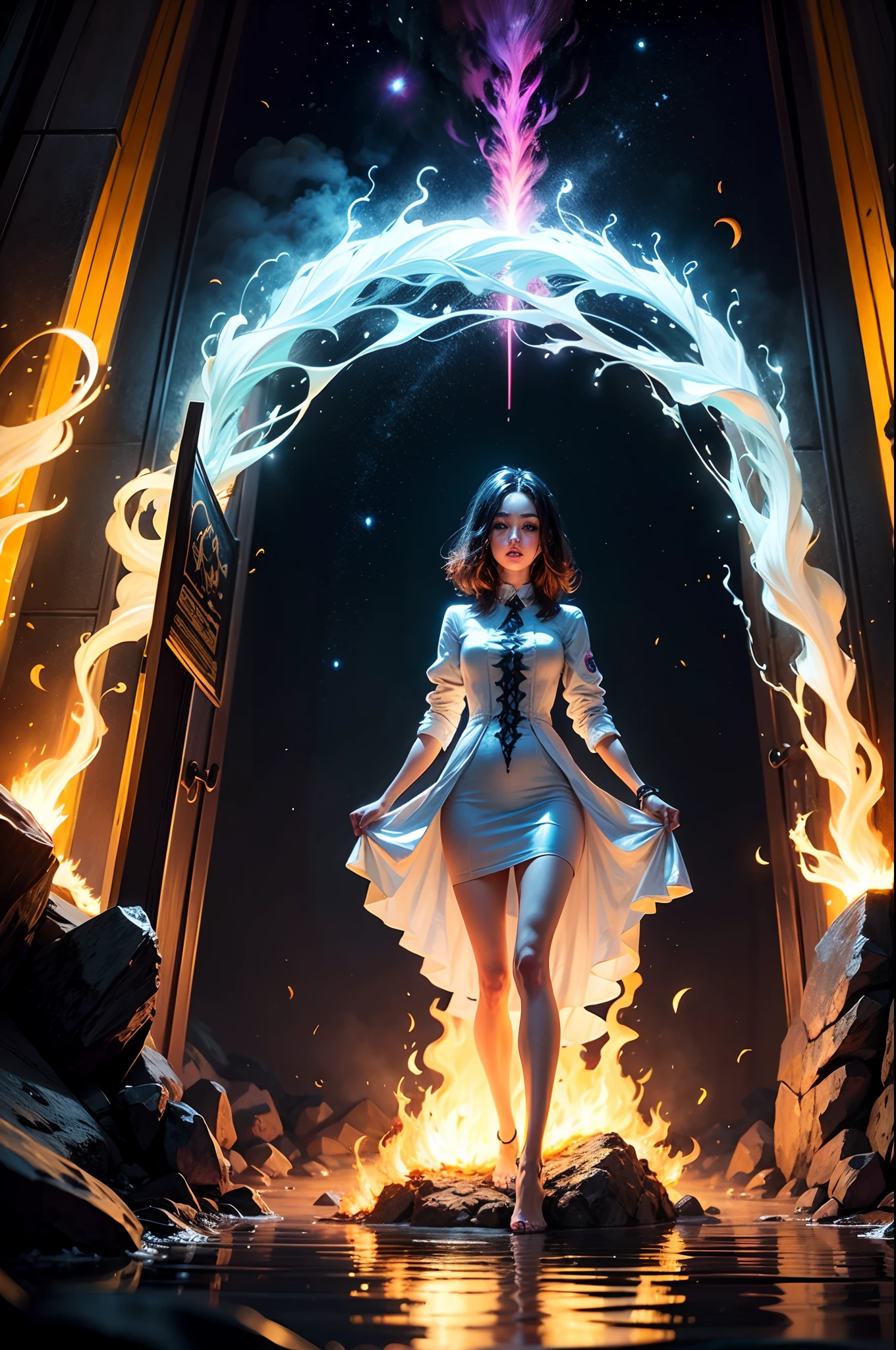 una chica con pelo largo(pelo bioluminiscente)vestido largo parada cerca de un portal, el ambiente es caotico, mucho fuego, rios de lava, infernal, portal fluorescente,