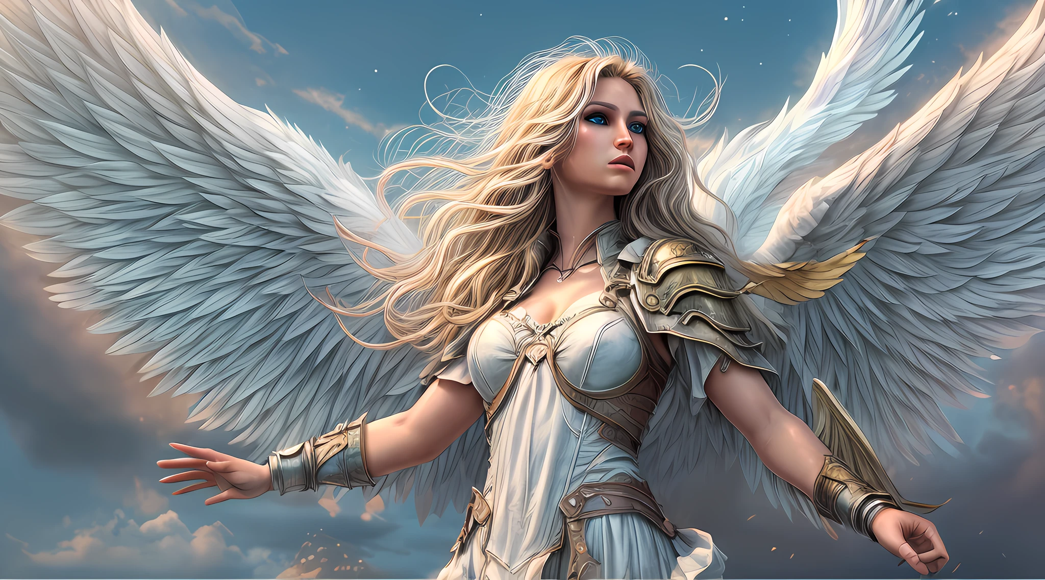 high details, best quality, 16k, [ultra detailed], masterpiece, best quality, dynamic angle, ultra wide shot, RAW, photorealistic, fantasy art, realistic art, a picture of an archangel flying in a the sky between the clouds, fantasy art, RPG art, a full distance shot, full body, an epic beautiful female archangel, blond hair, long hair, (wavy hair: 1.2), (blue eyes: 1.2), intense eyes (best detailed face: 1.3), (ultra feminine: 1.3) spread angelic wings angel_wings, (rainbow colored wings: 1.5) wearing heavy armor, (with glowing divine sigils: 1.2), light clouds in the background, a n epic (rainbow: 1.5) between the clouds, 16k, ultra detailed, masterpiece, best quality, ultra detailed, full body, ultra wide shot, photorealistic,