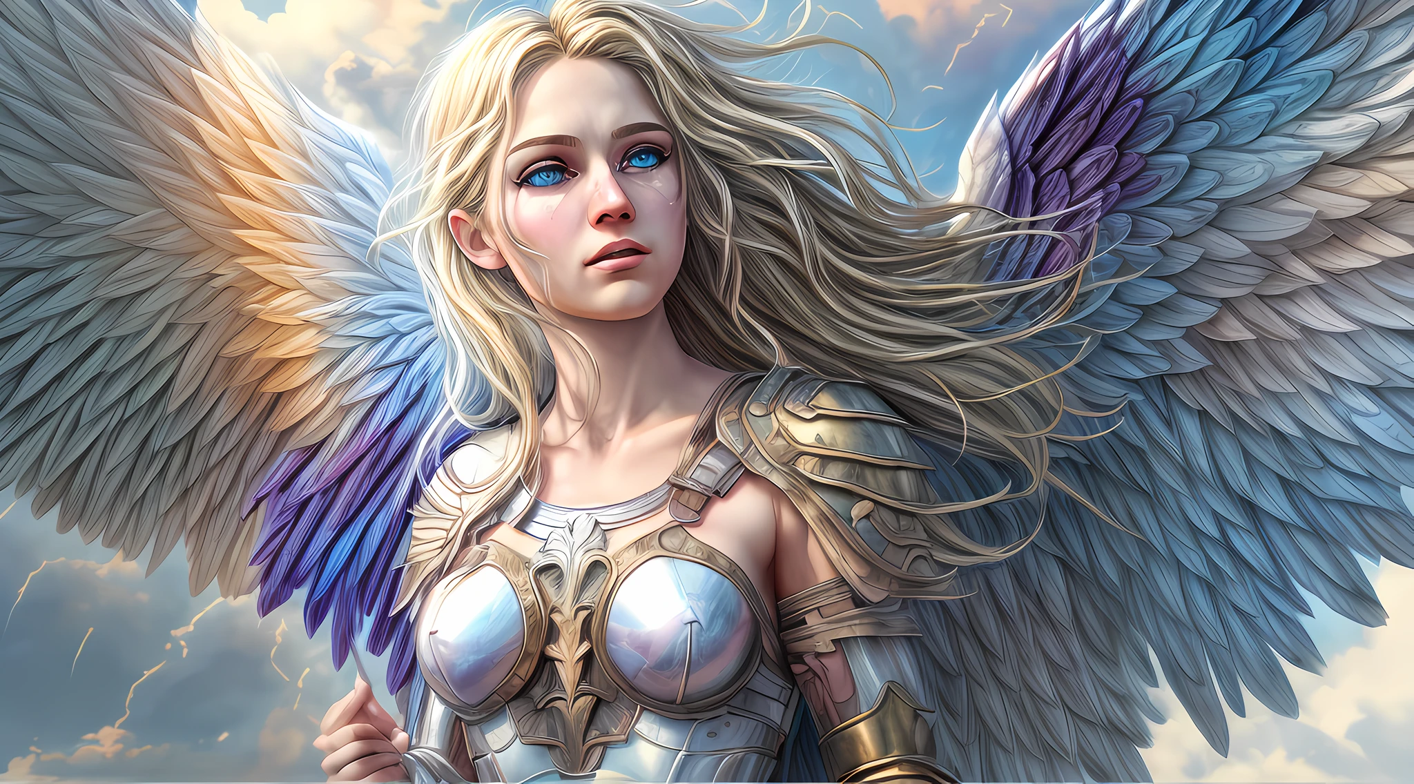 high details, best quality, 16k, [ultra detailed], masterpiece, best quality, dynamic angle, ultra wide shot, RAW, photorealistic, fantasy art, realistic art, a picture of an archangel flying in a the sky between the clouds, fantasy art, RPG art, a full distance shot, full body, an epic beautiful female archangel, blond hair, long hair, (wavy hair: 1.2), (blue eyes: 1.2), intense eyes (best detailed face: 1.3), (ultra feminine: 1.3) spread angelic wings angel_wings, (rainbow colored wings: 1.5) wearing heavy armor, (with glowing divine sigils: 1.2), light clouds in the background, a n epic (rainbow: 1.5) between the clouds, 16k, ultra detailed, masterpiece, best quality, ultra detailed, full body, ultra wide shot, photorealistic,