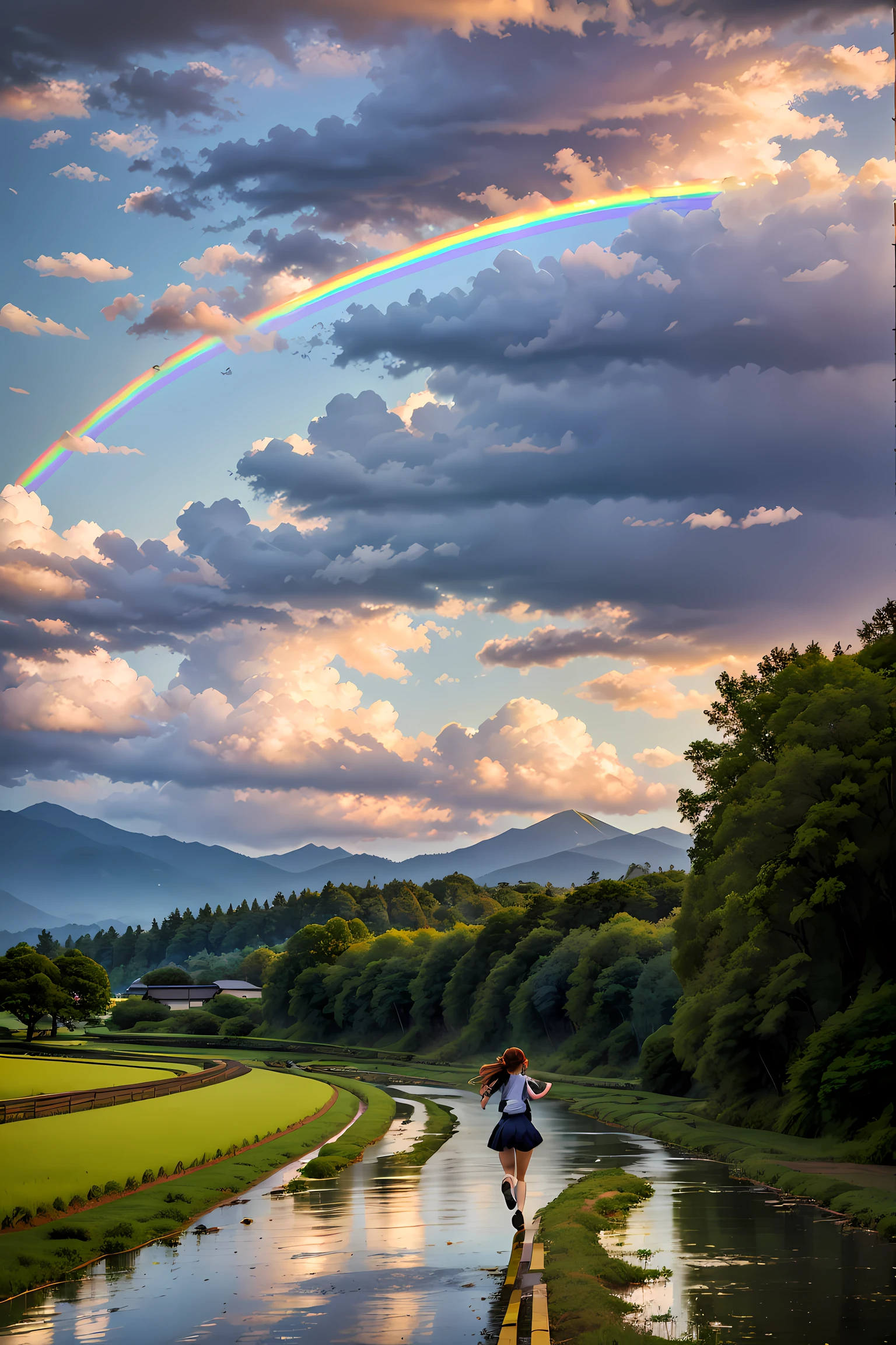 rainbows、Beautiful rainbow、(rainbow sky:1.5), High school girl running towards rainbow hanging towards the mountain、A big, beautiful rainbow on the mountains、Japanese high school  girl、wearing  a school uniform、Road after rain、rice fields、mont、rainbows、countryside view、Countryside landscape in Japan、Sunset、red dragonfly、splash playing red flies background,