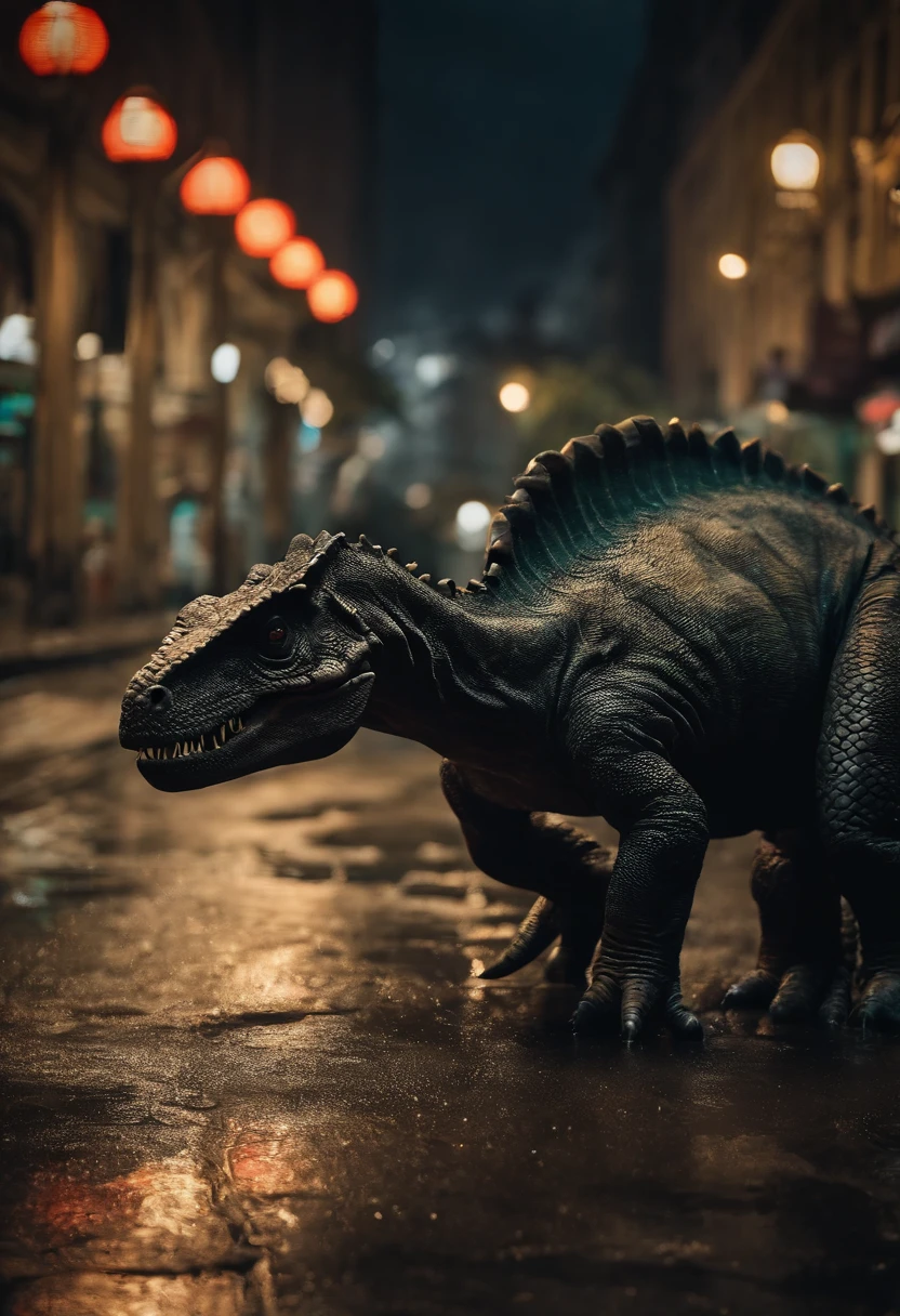 Real dinosaurs,On the street,There is liquid on the ground,Black liquid,Obvious liquid,Real street background,废墟