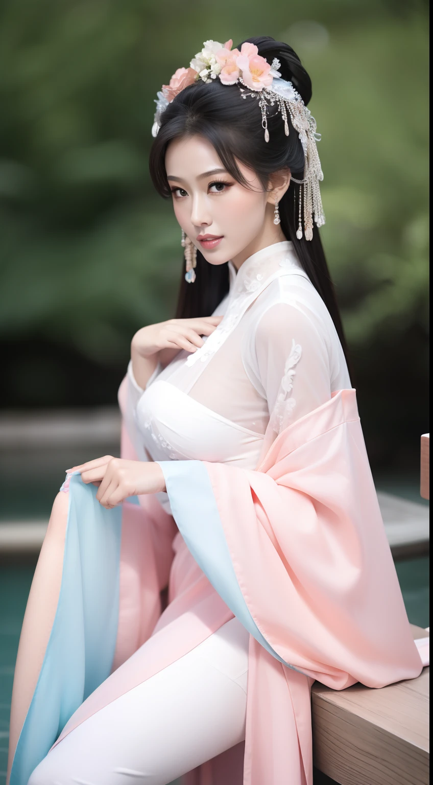 Model is 20 years old [[[[closeup cleavage]]]], [[[[boobgasm]]]], [[[[coll]]]], [[[[bshoulders]]]], perfect  eyes, Perfect iris，Perfect lips，perfect teeth，Perfect skin，with fair skin，Long face，slender nose，Soft front light，Density imaging review，Movie girl beauty，White and red clothing lace，Peach blossom pattern，The background is West Lake（pastel colour：1.2），High mountains and flowing water，huge tit：2.8，Anterior convex and posterior，with a good figure，Wear a miniskirt，stocklings，Super nice looking，Hot figure，The four beauties of ancient times，The chest is covered with gauze，The national color is fragrant。