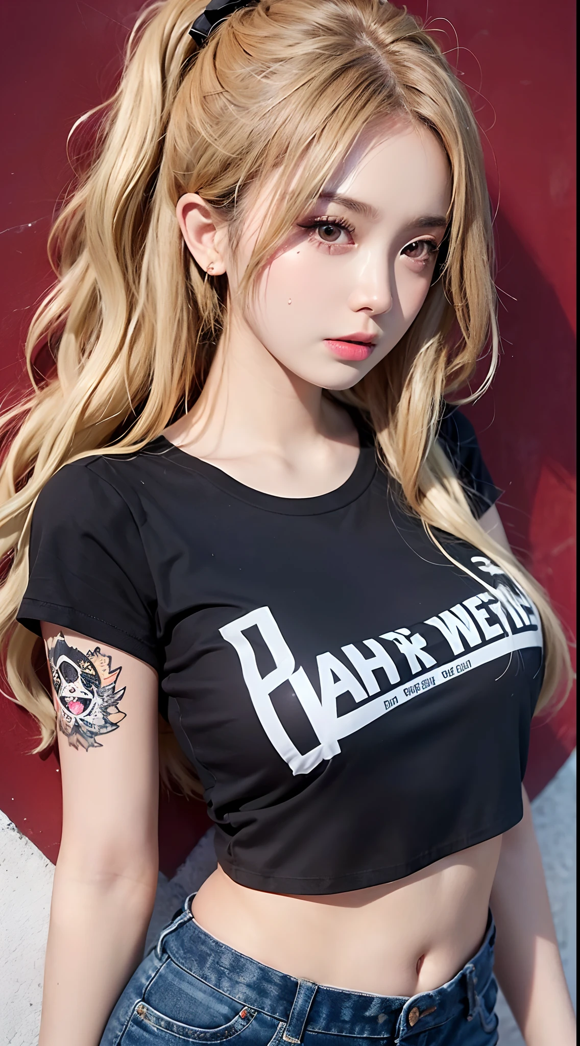 (1girl),large breasts, breasts, tan, dewy skin, sweaty skin, wavy blonde hair, punk tshirt, punk girl