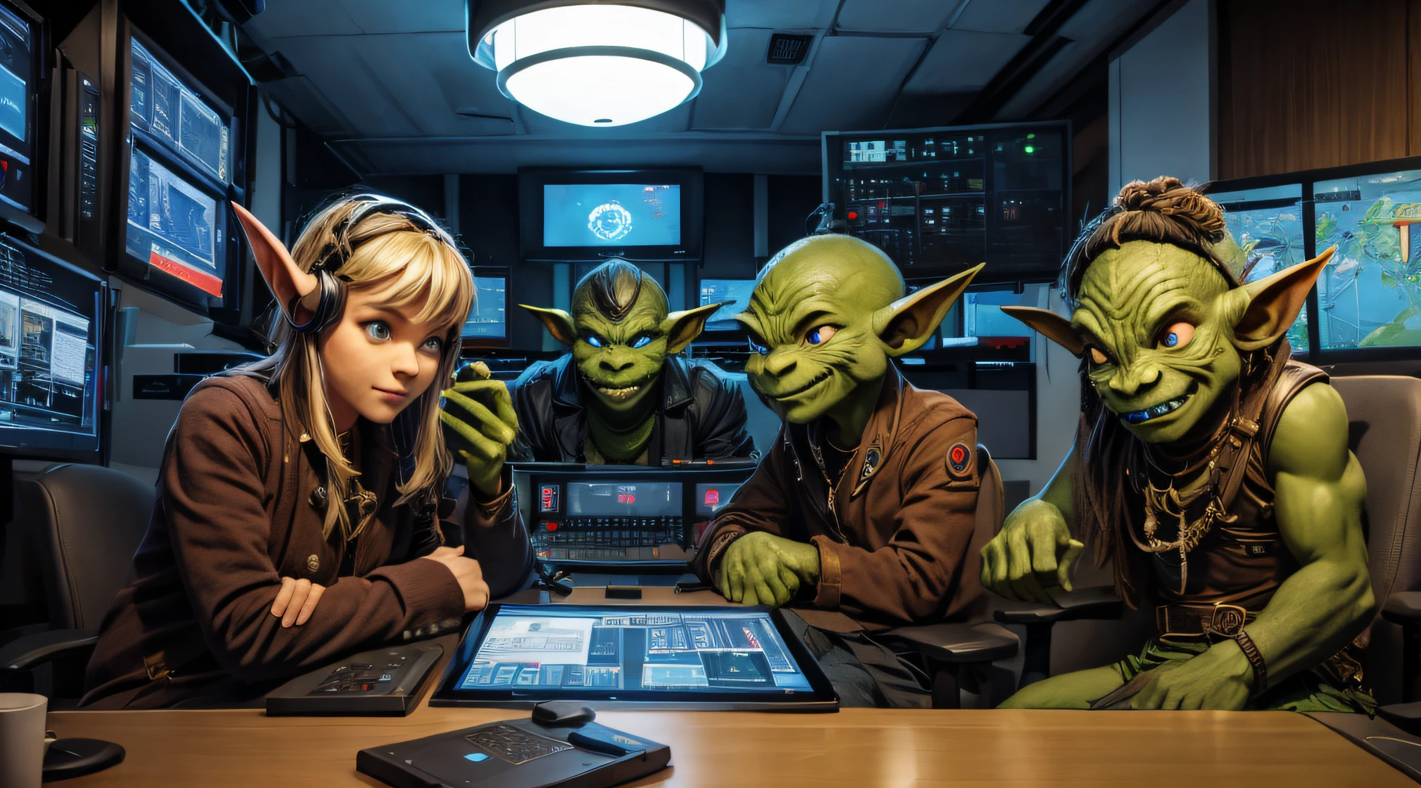 Show goblins manipulating world events from a hidden control room filled with advanced technology.