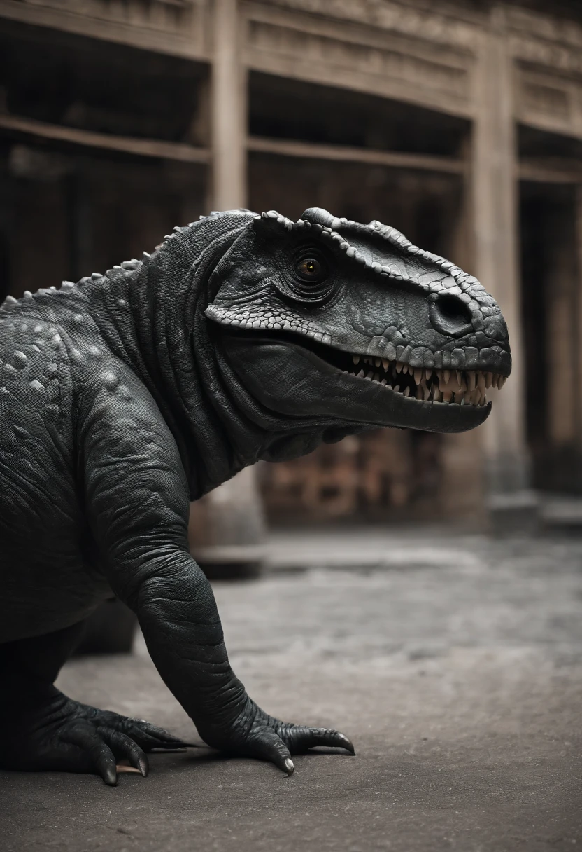 Real dinosaurs,On the street,There is liquid on the ground,Black liquid,Obvious liquid,Real street background,废墟