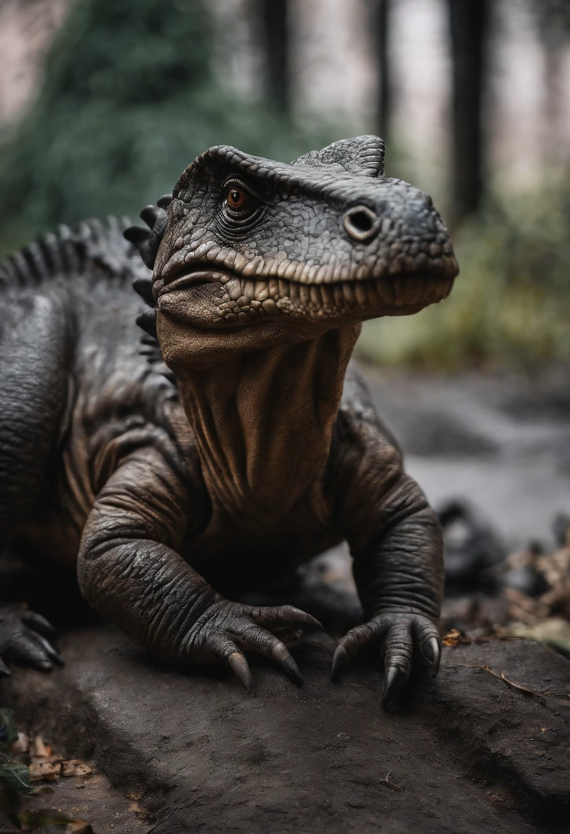 Real dinosaurs,On the street,There is liquid on the ground,Black liquid,Obvious liquid,Real street background,废墟
